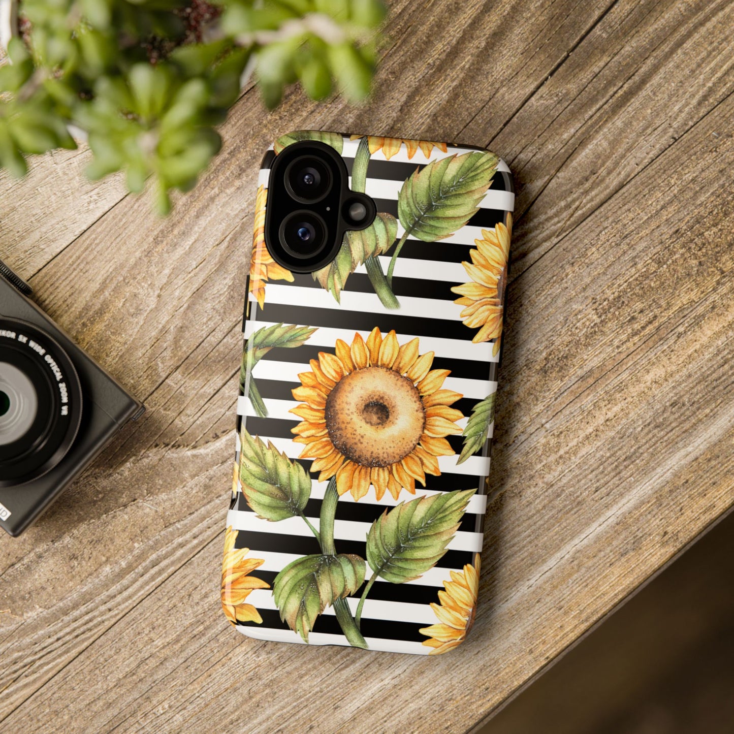 Sunflower Tough Phone Case - Bold Yellow Floral Art, Black and White Striped Aesthetic, Compatible with iPhone, Galaxy, and Google Phones