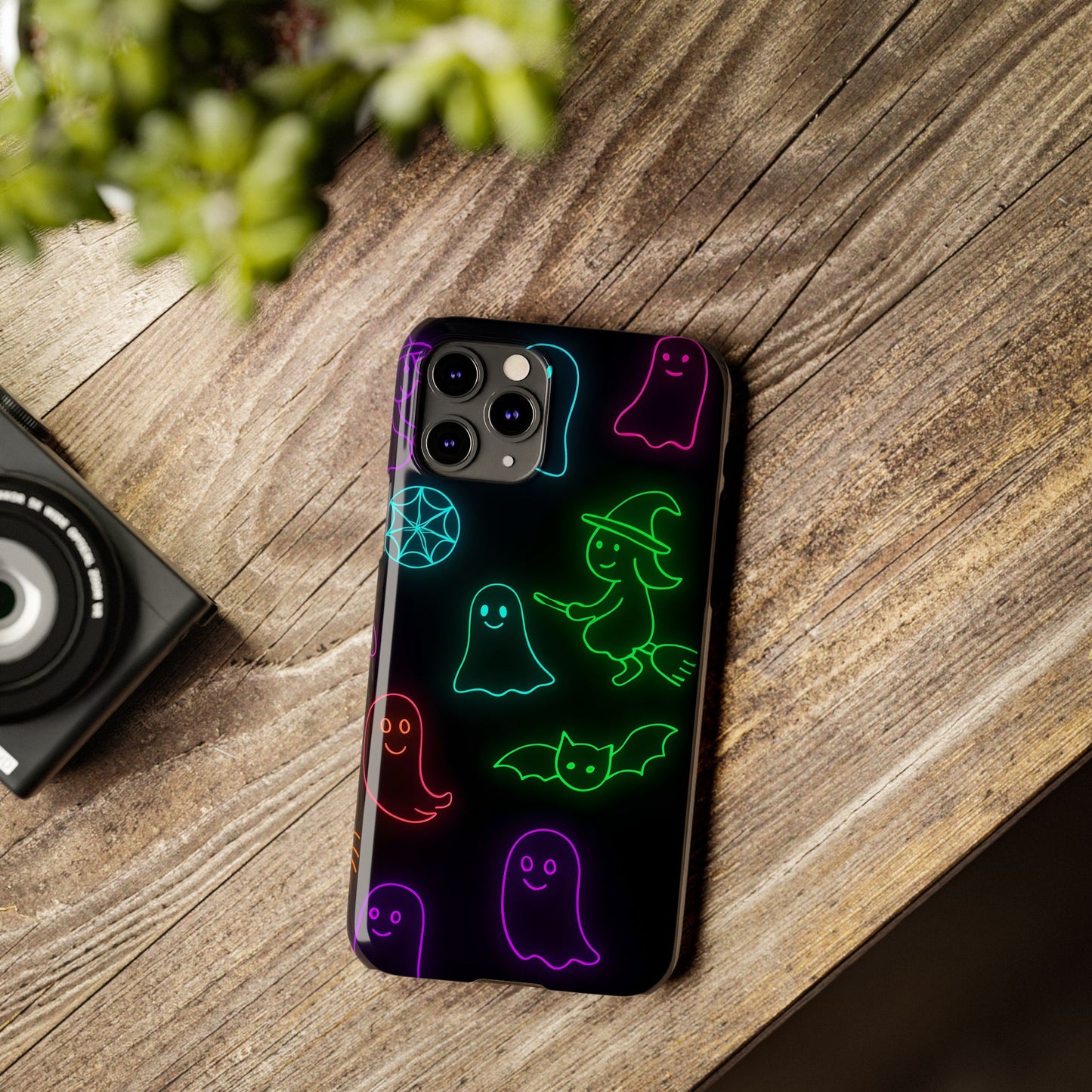 Neon Halloween Phone Case, Cute Ghost Witch Aesthetic Slim Phone Case, Compatible with iPhone, Galaxy, Google