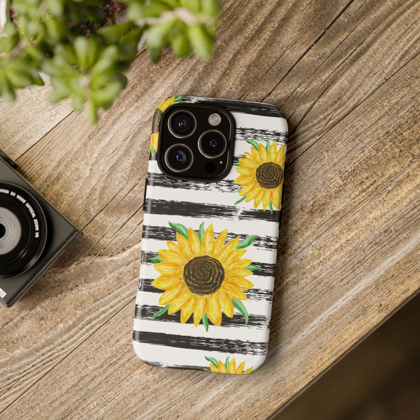 Sunflower Tough Phone Case - Bright Yellow Floral Art, Black and White Striped Aesthetic, Compatible with iPhone, Galaxy, and Google Phones