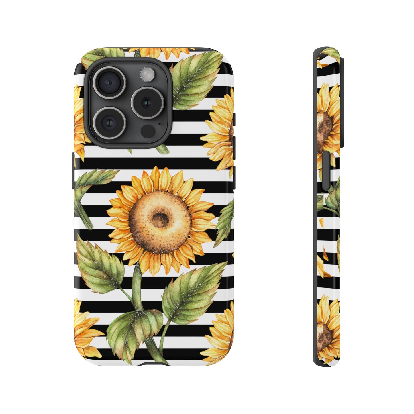 Sunflower Tough Phone Case - Bold Yellow Floral Art, Black and White Striped Aesthetic, Compatible with iPhone, Galaxy, and Google Phones