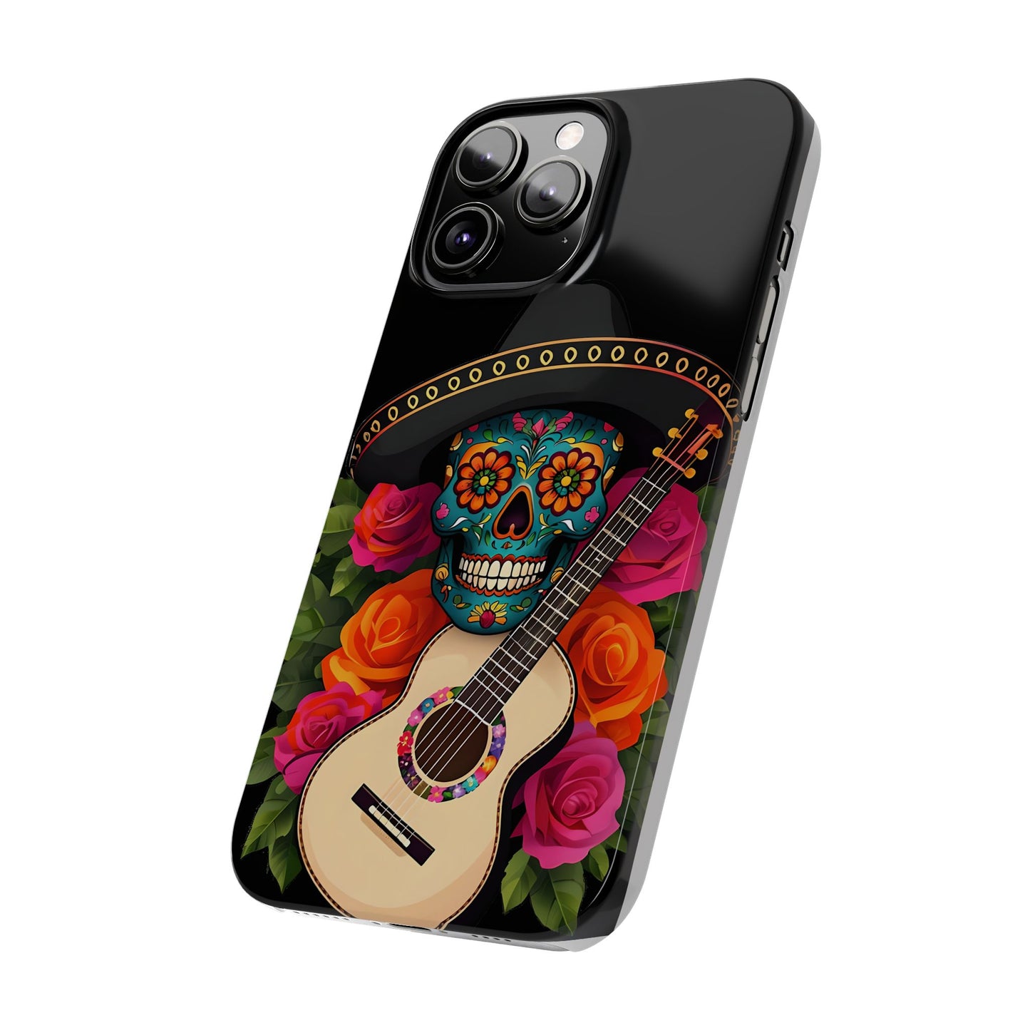 Mariachi Skull Slim Phone Case, Colorful Folk Aesthetic, Halloween Floral Skull Design, Gift for Mexican Culture Lovers