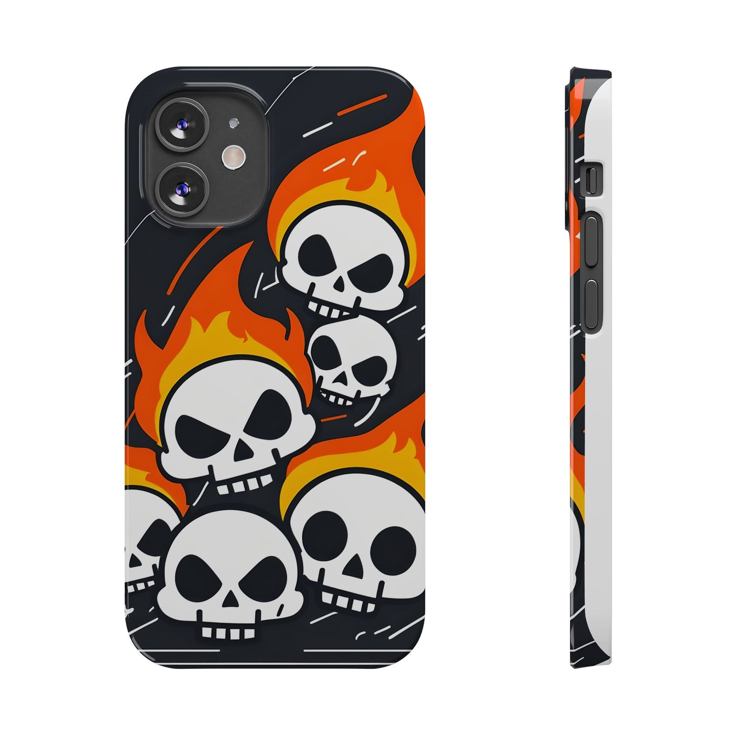 Flaming Skulls Slim Phone Case, Y2K Alt Halloween Aesthetic, Creepy Cute Cartoon Style, Stylish Music Lovers, Perfect Gift for Halloween