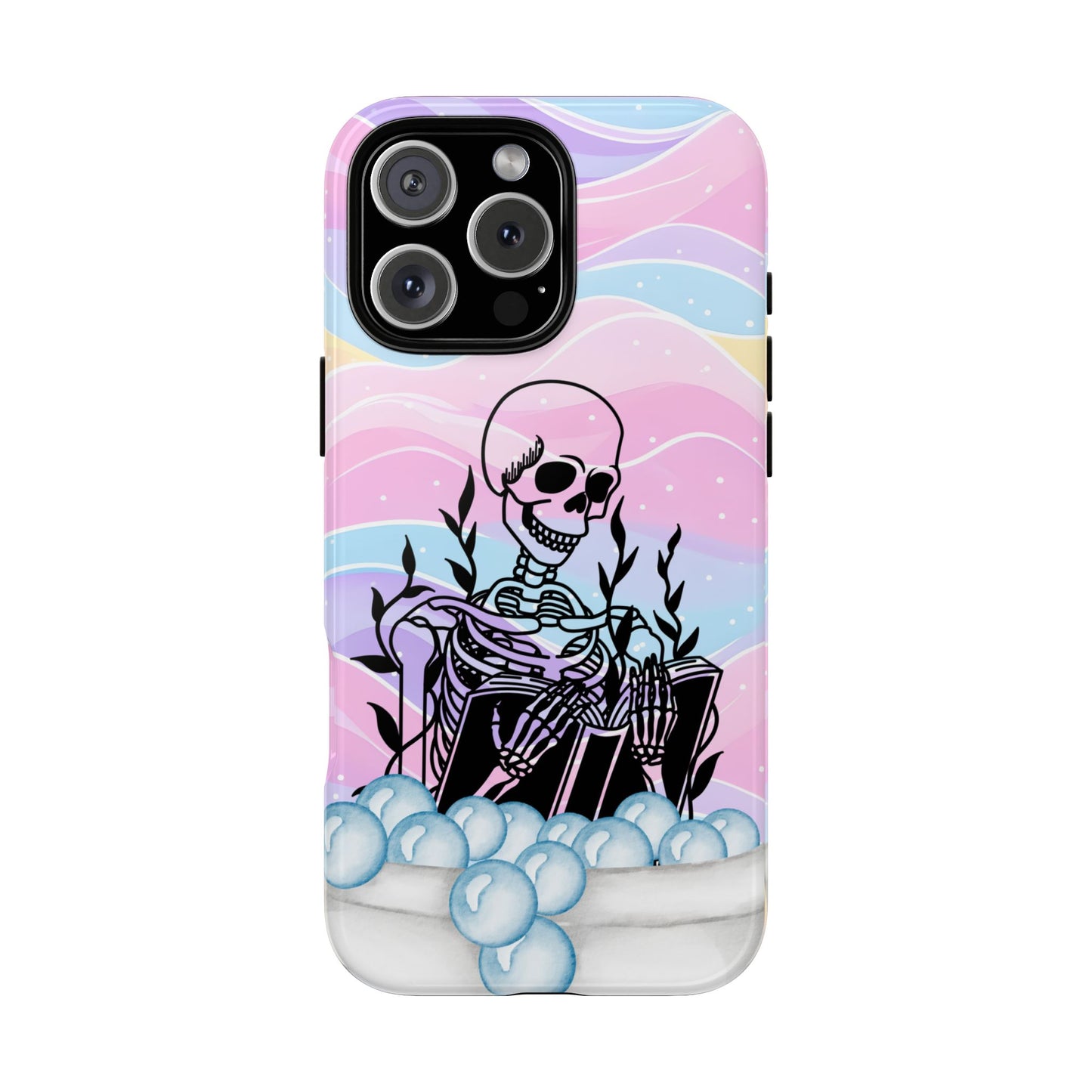 Summerween Pastel Skeleton Phone Case, Goth Bathtime Book Lover Phone Cover, Cute Halloween Bubble Bath Case, Spooky Cute Coquette Aesthetic