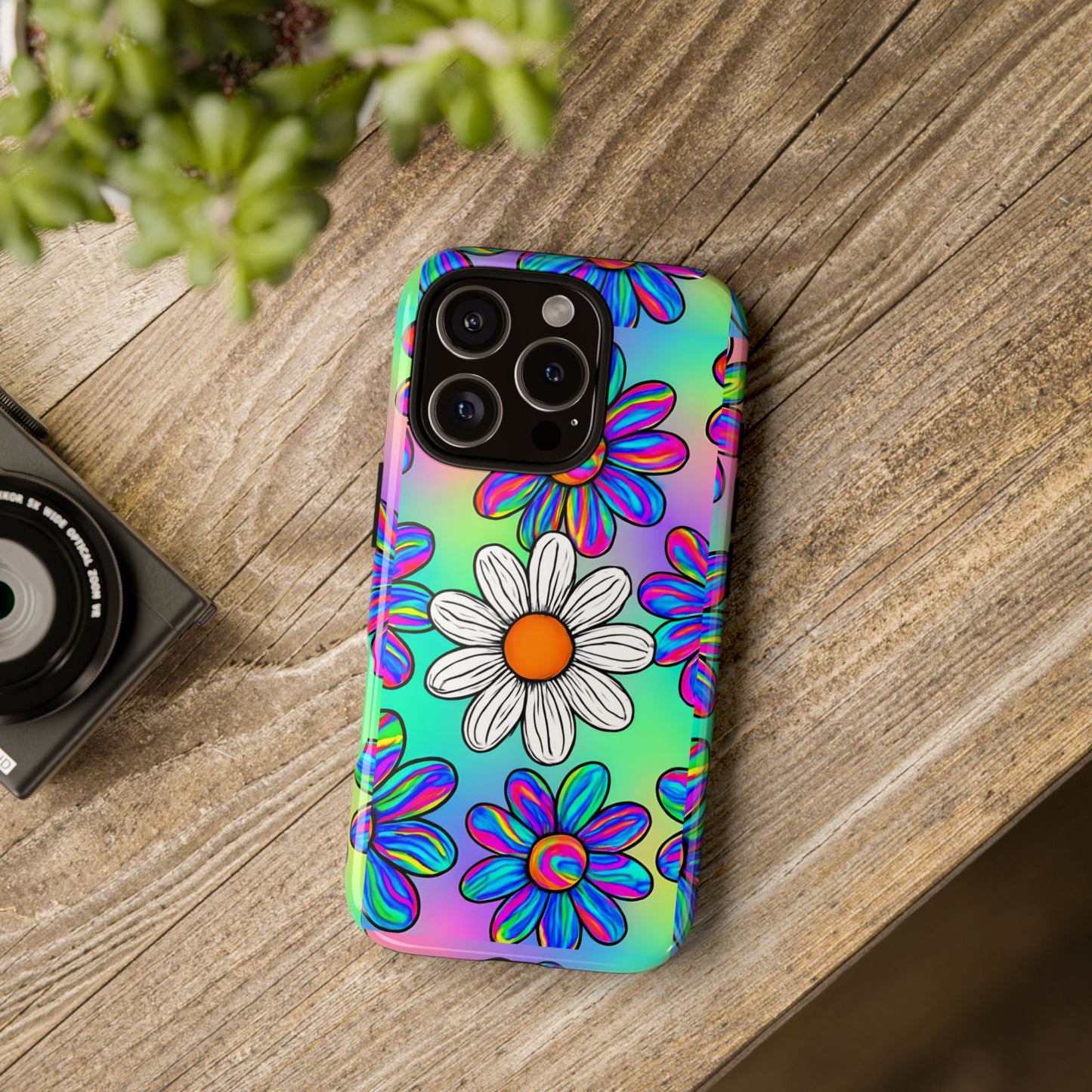 Trippy Daisy Tough Phone Case - Psychedelic Floral Design, Colorful Retro Aesthetic, Compatible with iPhone, Galaxy, and Google Phones
