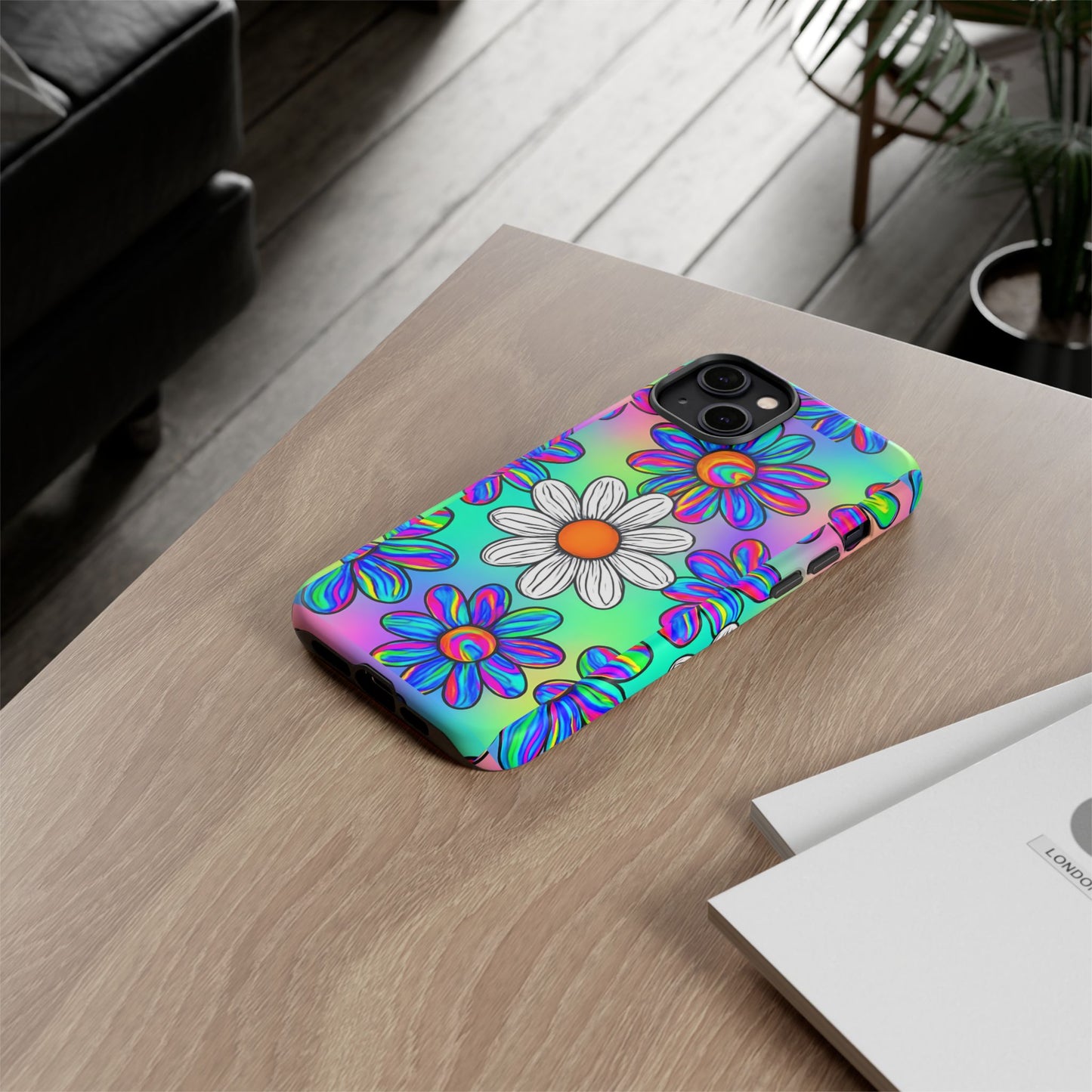 Trippy Daisy Tough Phone Case - Psychedelic Floral Design, Colorful Retro Aesthetic, Compatible with iPhone, Galaxy, and Google Phones