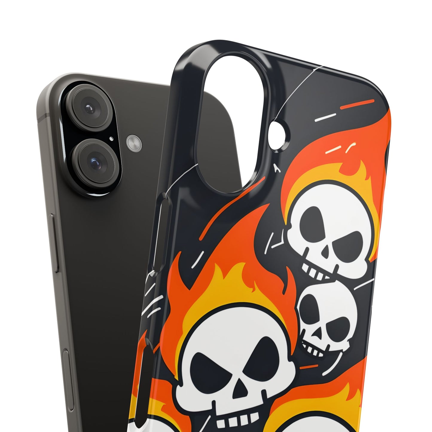 Flaming Skulls Slim Phone Case, Y2K Alt Halloween Aesthetic, Creepy Cute Cartoon Style, Stylish Music Lovers, Perfect Gift for Halloween
