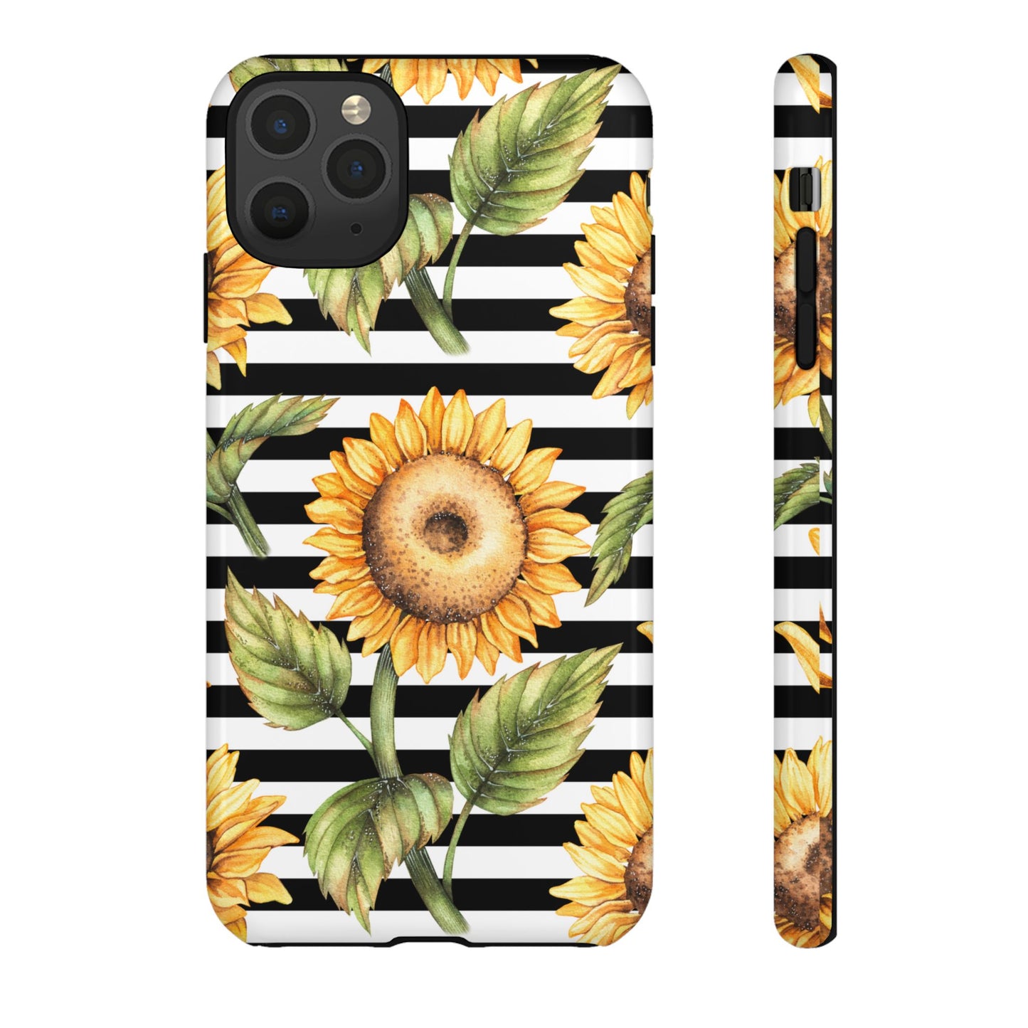 Sunflower Tough Phone Case - Bold Yellow Floral Art, Black and White Striped Aesthetic, Compatible with iPhone, Galaxy, and Google Phones