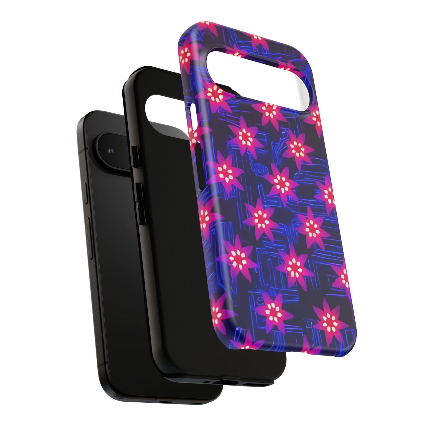 Neon Flower Tough Phone Case - Trippy Dark Floral Art, Electric Glow Aesthetic, Compatible with iPhone, Galaxy, and Google Phones