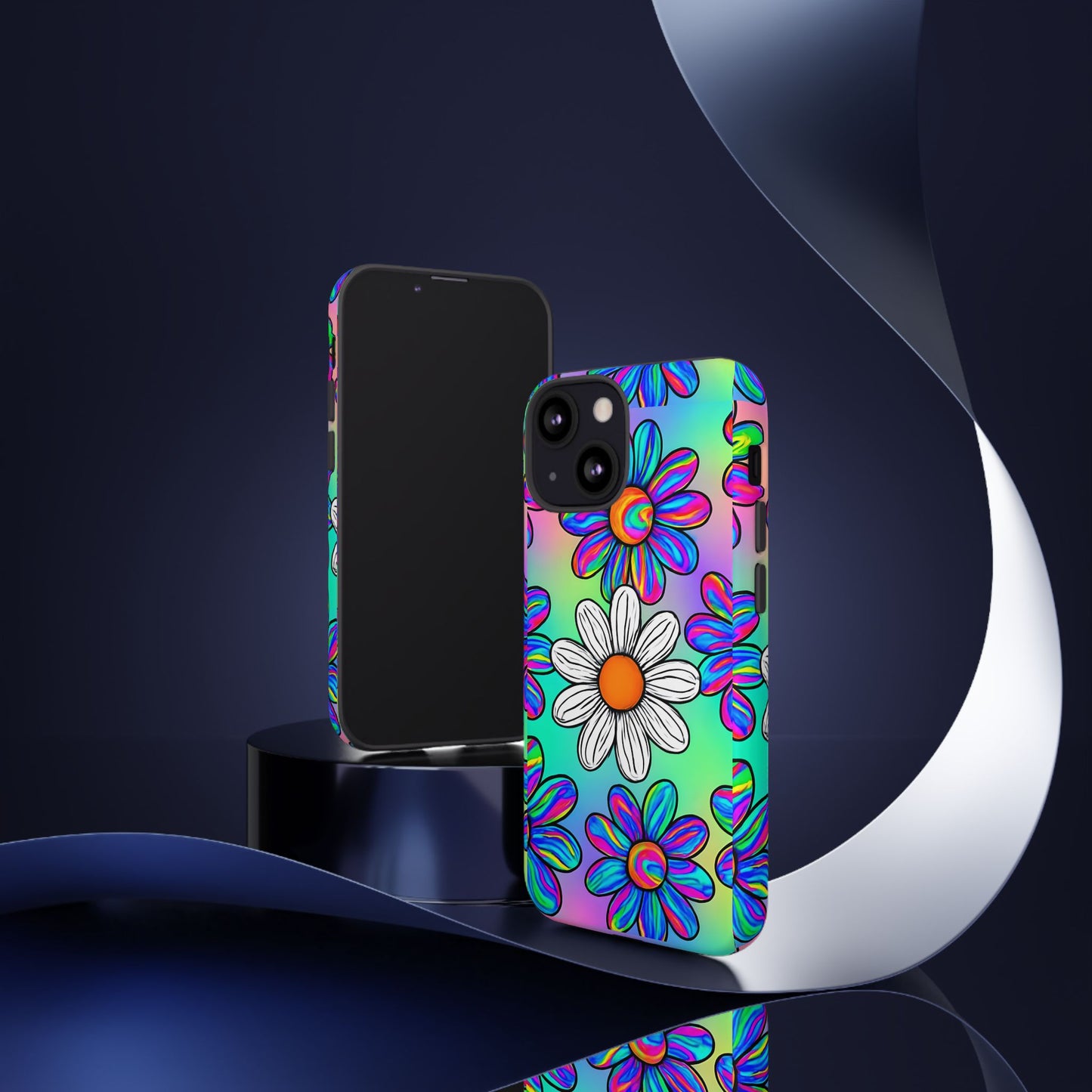 Trippy Daisy Tough Phone Case - Psychedelic Floral Design, Colorful Retro Aesthetic, Compatible with iPhone, Galaxy, and Google Phones