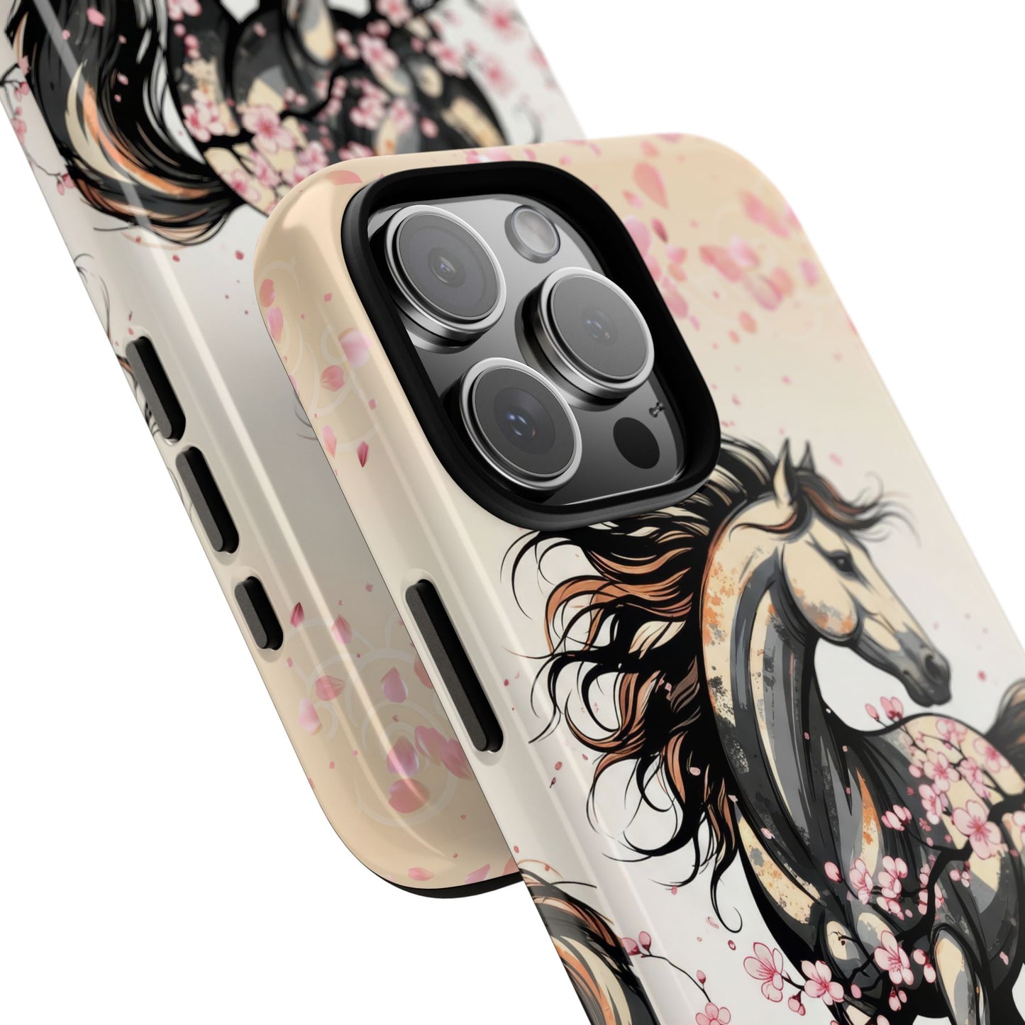 Year of the Horse Floral Art Tough Phone Case, Chinese Zodiac 2026 Design, compatible with iPhone 17 16 15 14 13 Galaxy Google