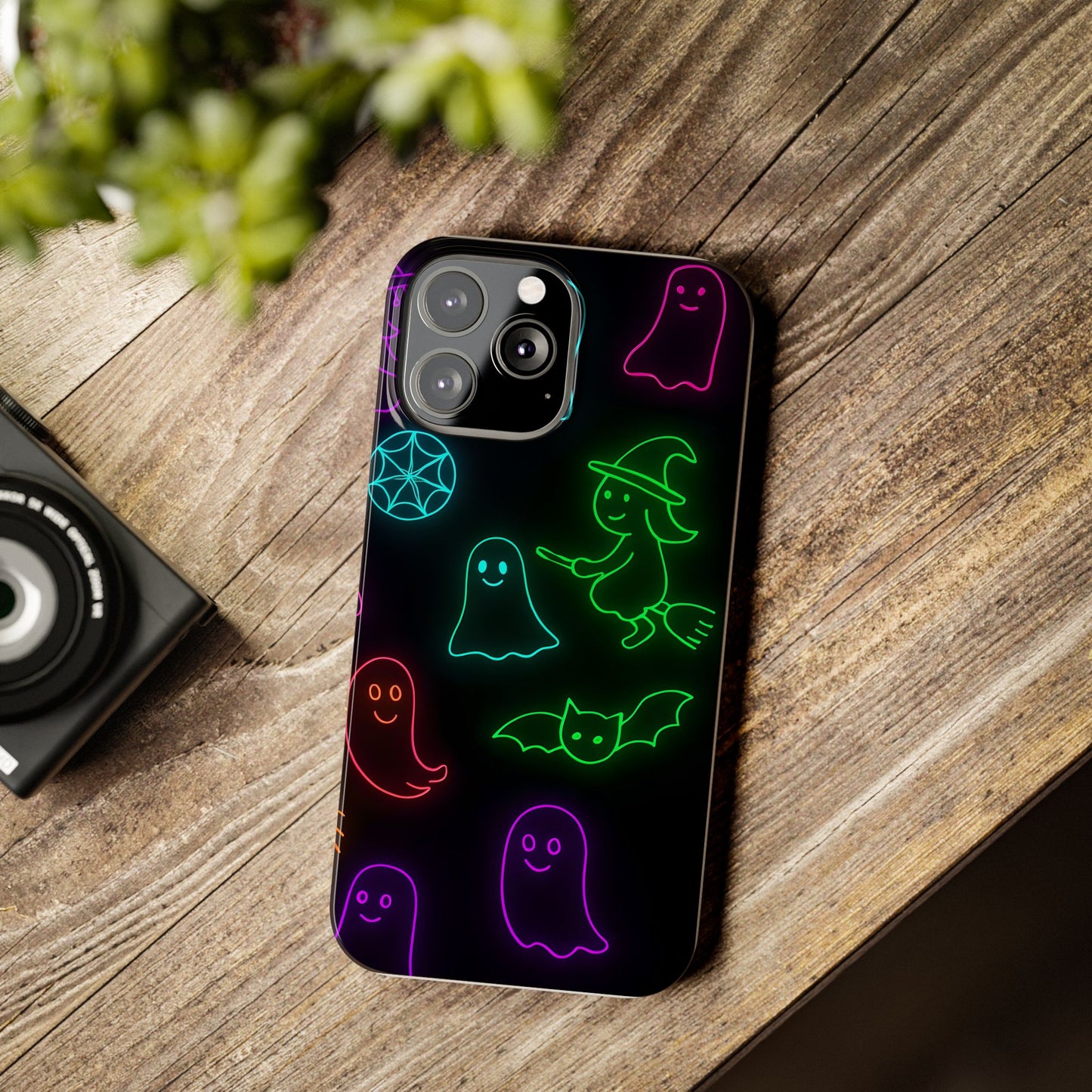 Neon Halloween Phone Case, Cute Ghost Witch Aesthetic Slim Phone Case, Compatible with iPhone, Galaxy, Google