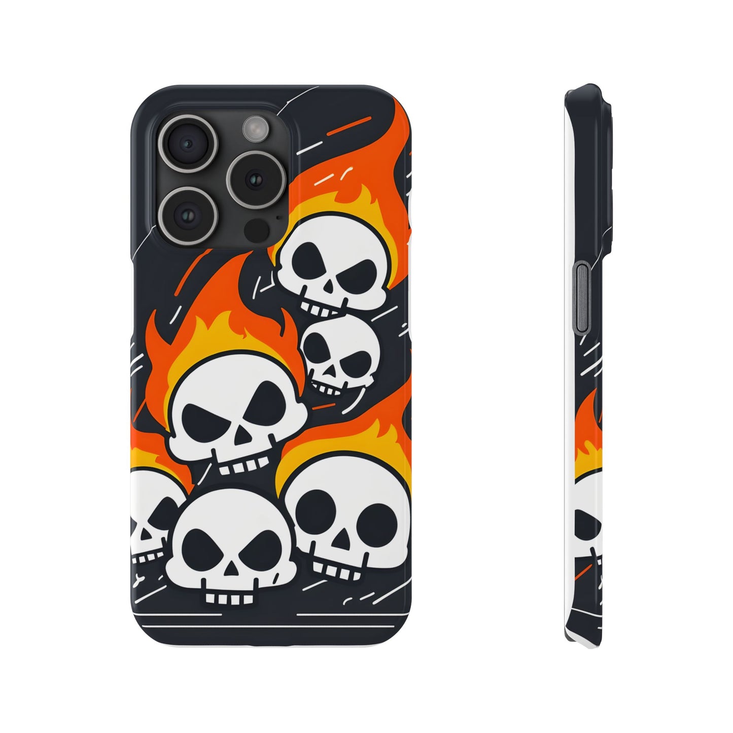 Flaming Skulls Slim Phone Case, Y2K Alt Halloween Aesthetic, Creepy Cute Cartoon Style, Stylish Music Lovers, Perfect Gift for Halloween