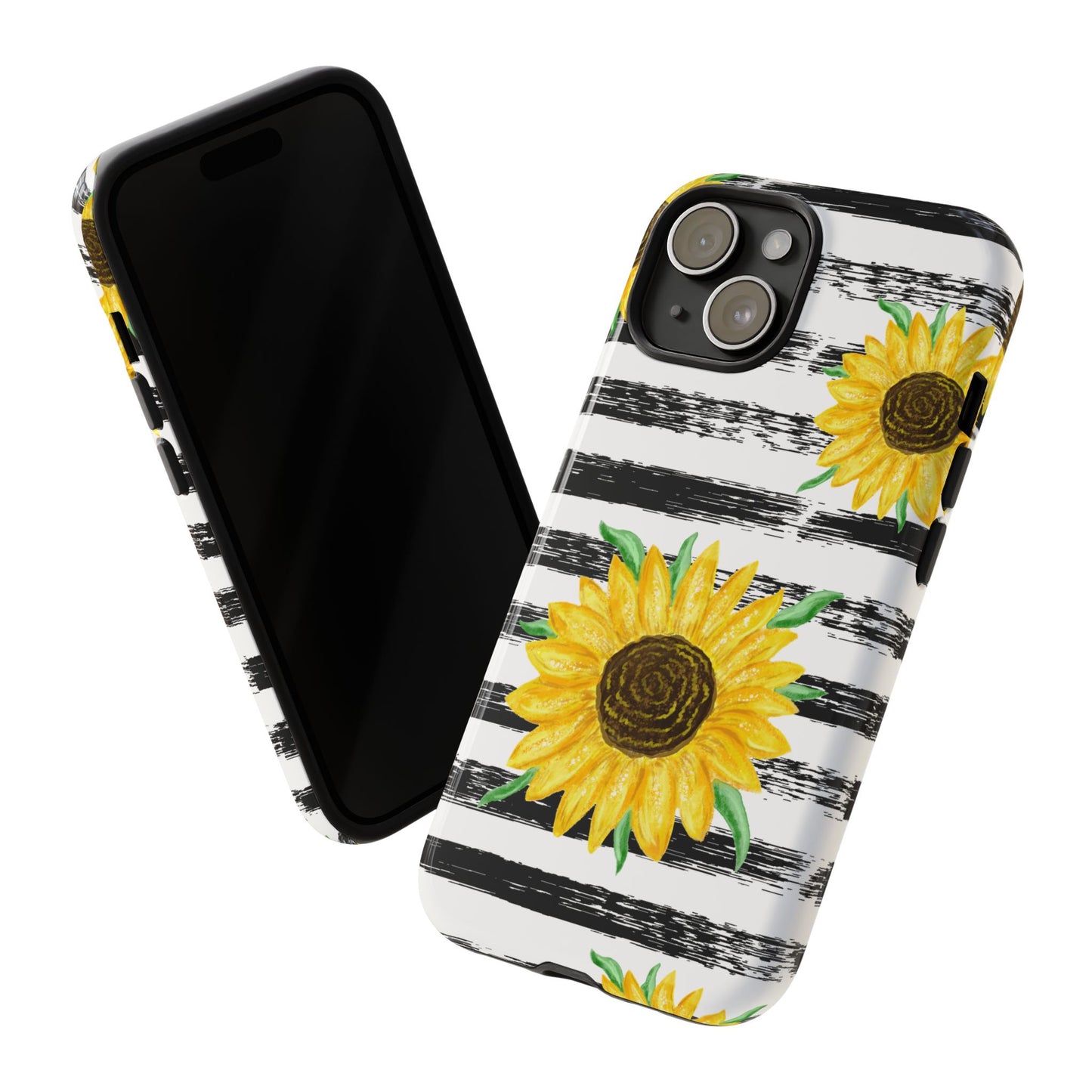 Sunflower Tough Phone Case - Bright Yellow Floral Art, Black and White Striped Aesthetic, Compatible with iPhone, Galaxy, and Google Phones