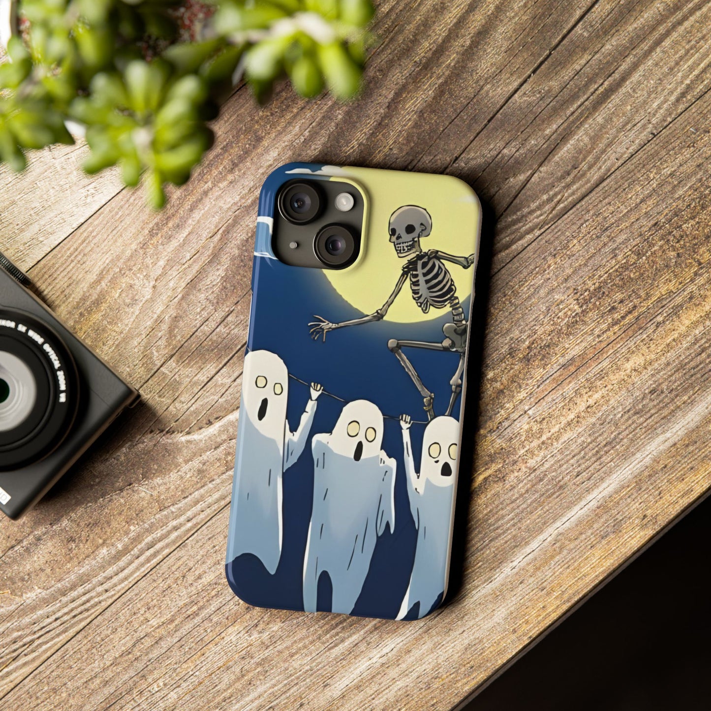Jumping Skeleton Slim Phone Case - Halloween Aesthetic, Creepy Cute Ghost Cartoon Style, Compatible with iPhone, Galaxy, and Google Phones