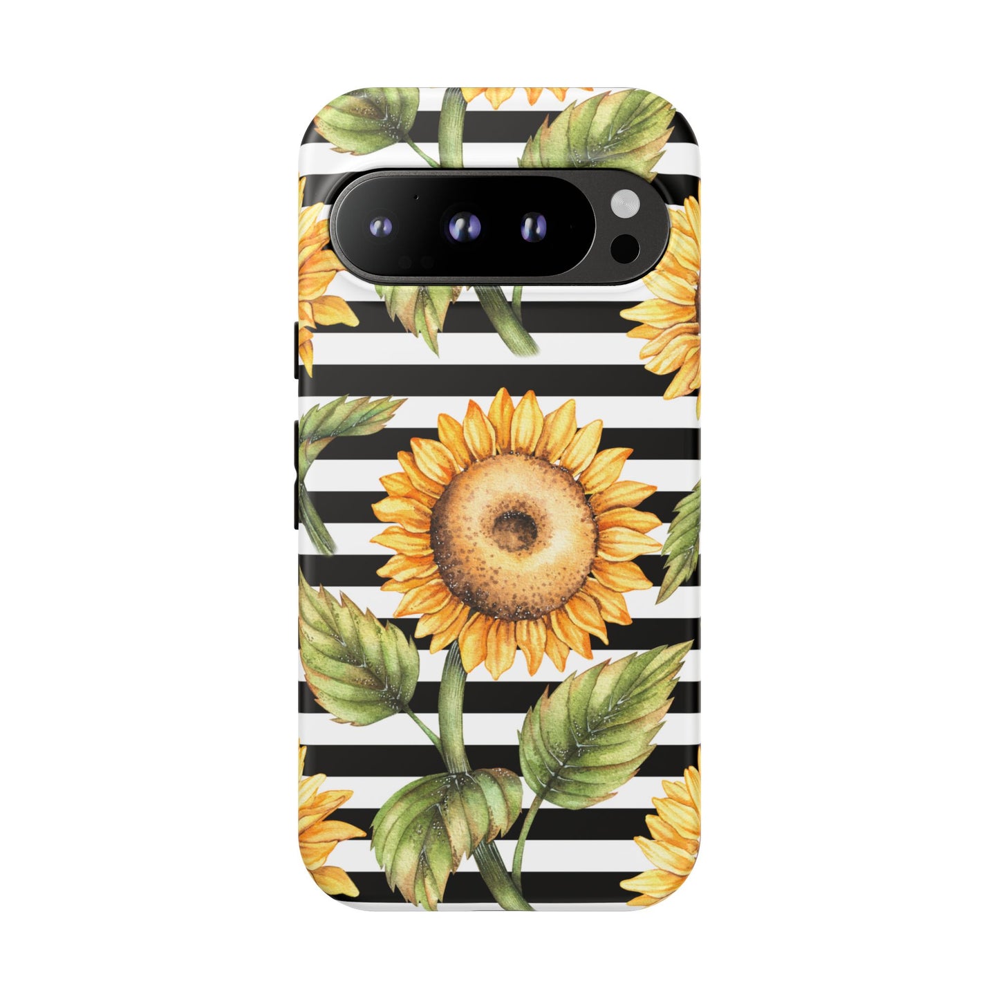 Sunflower Tough Phone Case - Bold Yellow Floral Art, Black and White Striped Aesthetic, Compatible with iPhone, Galaxy, and Google Phones