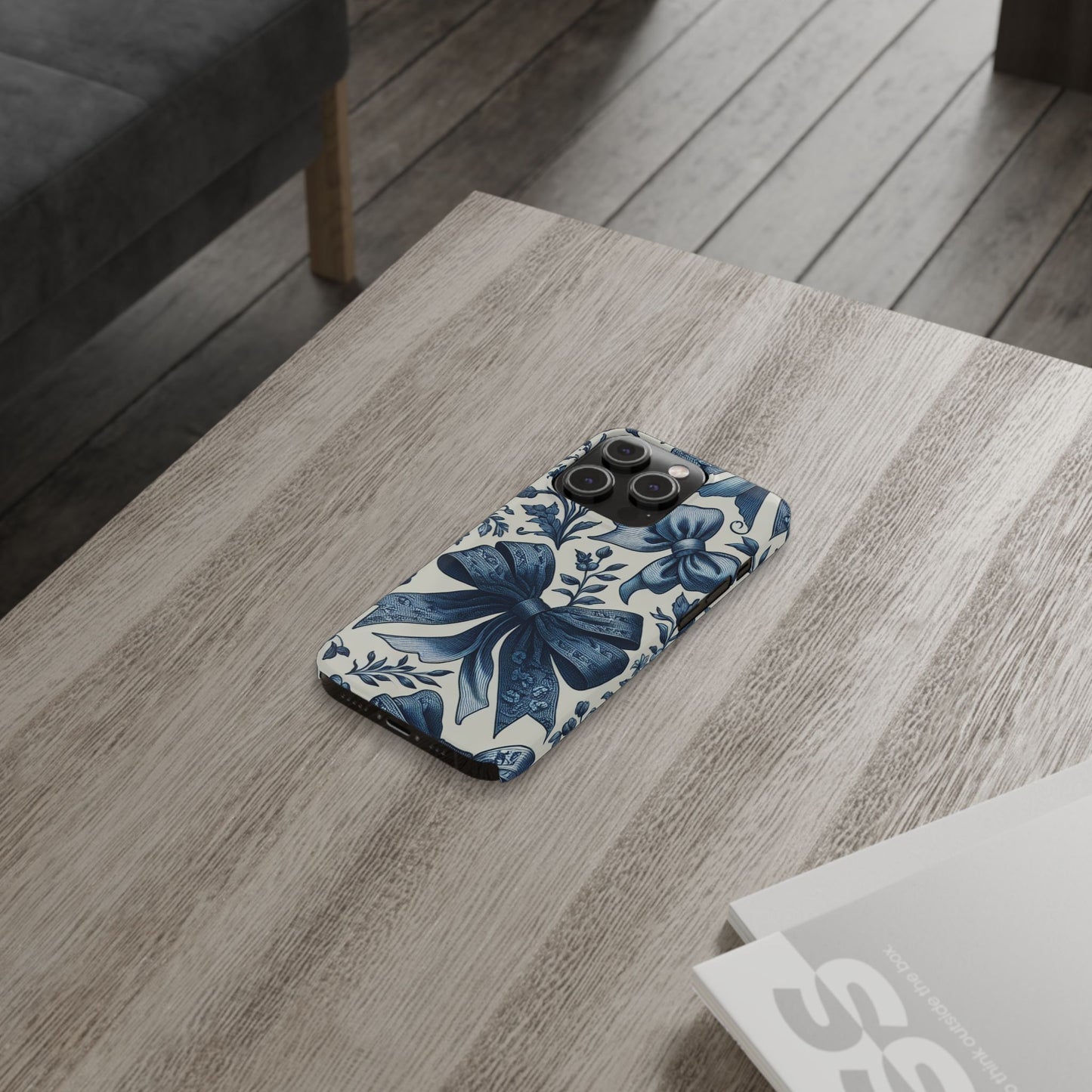 Elegant Floral Bow Slim Phone Case, Blue Flower Phone Cover, Gift for Her, Stylish Tech Accessory, Wedding Gift, Floral Design