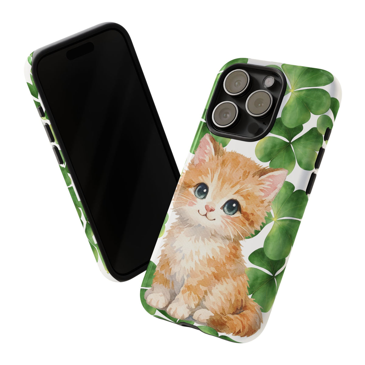 Ginger Kitten Tough Phone Case, St Patricks Day Cat Art with Shamrocks, Cute Irish Cat Gift Compatible with iPhone Galaxy Google