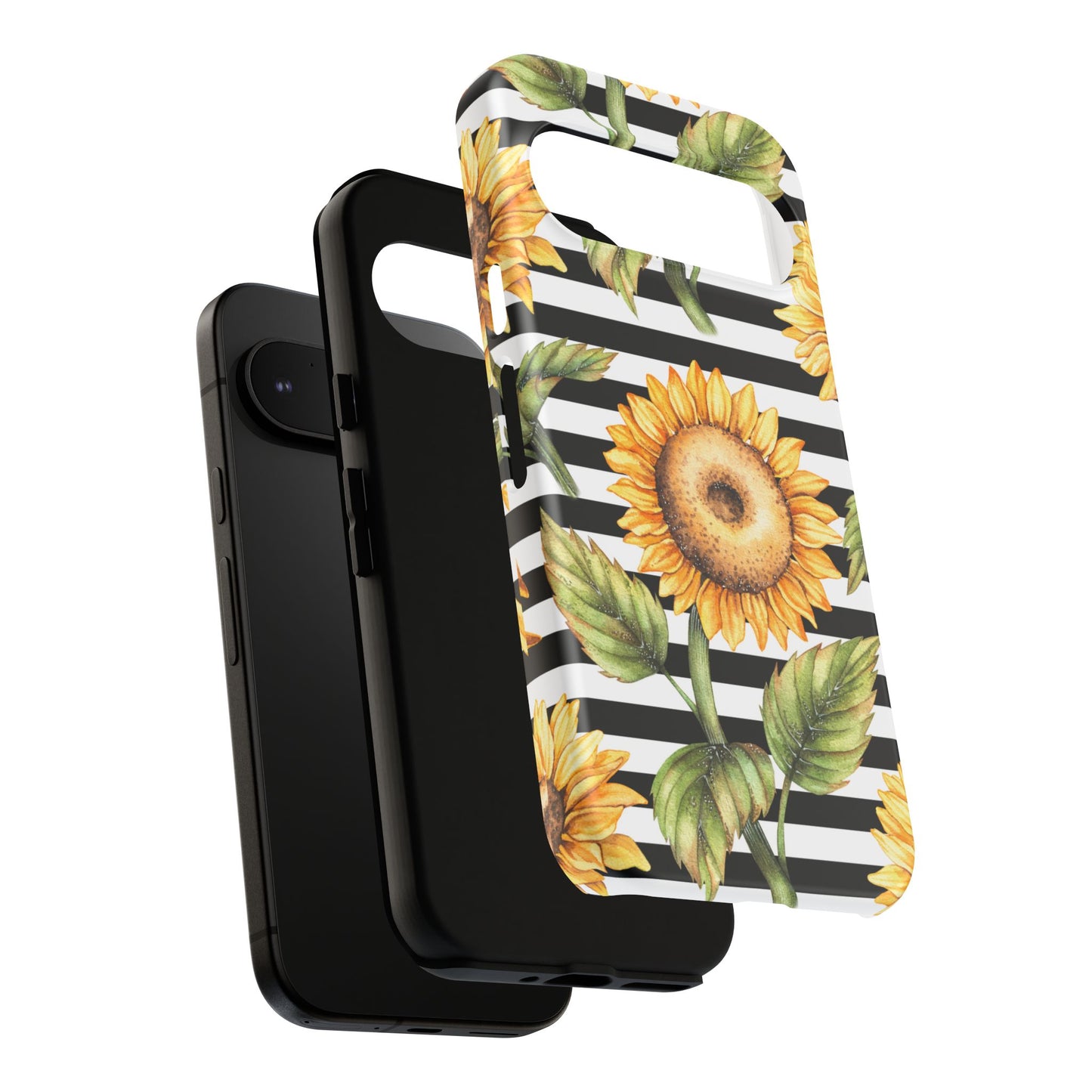 Sunflower Tough Phone Case - Bold Yellow Floral Art, Black and White Striped Aesthetic, Compatible with iPhone, Galaxy, and Google Phones