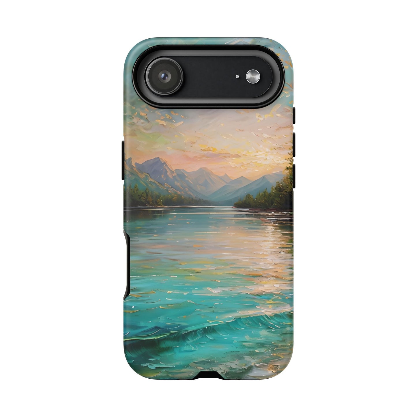 Mountain Lake Scenery Tough Phone Case, Oil Painting Phone Cover, Calm Water Scene Compatible with iPhone 17, 16, 15, 14, 13, Galaxy, Google