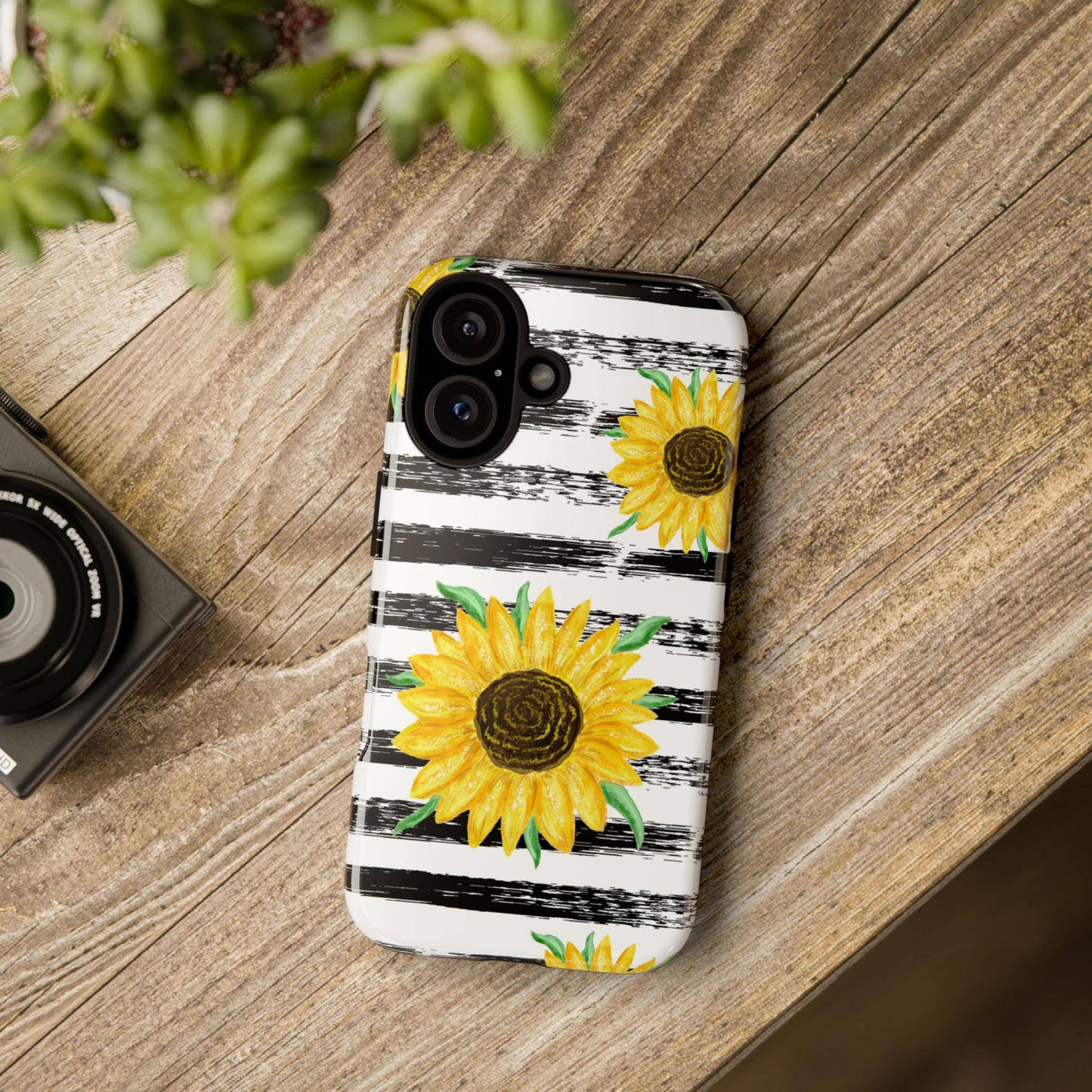 Sunflower Tough Phone Case - Bright Yellow Floral Art, Black and White Striped Aesthetic, Compatible with iPhone, Galaxy, and Google Phones
