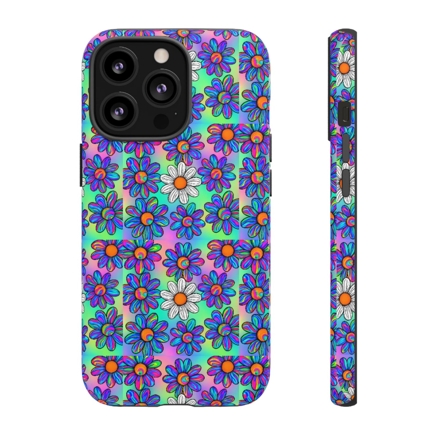 Trippy Daisy Tough Phone Case - Psychedelic Floral Aesthetic, Colorful Groovy Design, Compatible with iPhone, Galaxy, and Google Phones