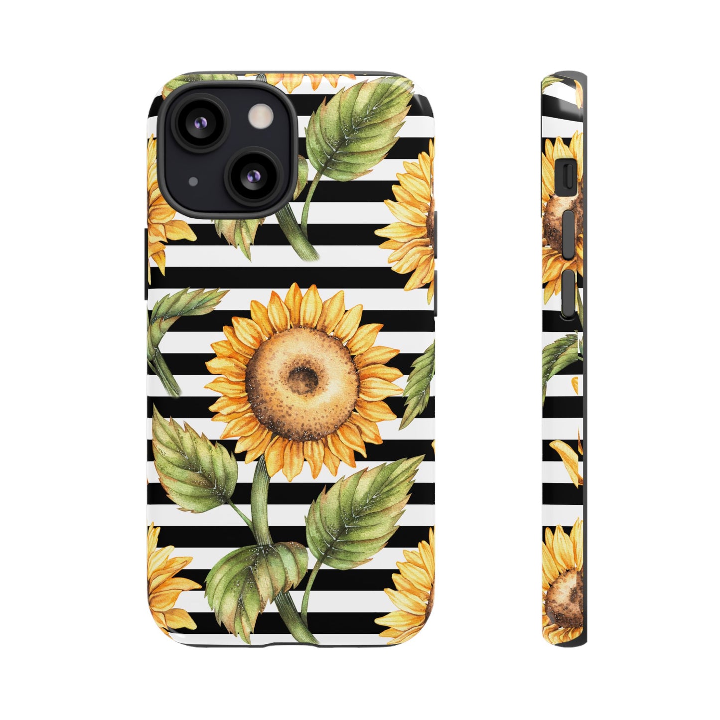 Sunflower Tough Phone Case - Bold Yellow Floral Art, Black and White Striped Aesthetic, Compatible with iPhone, Galaxy, and Google Phones