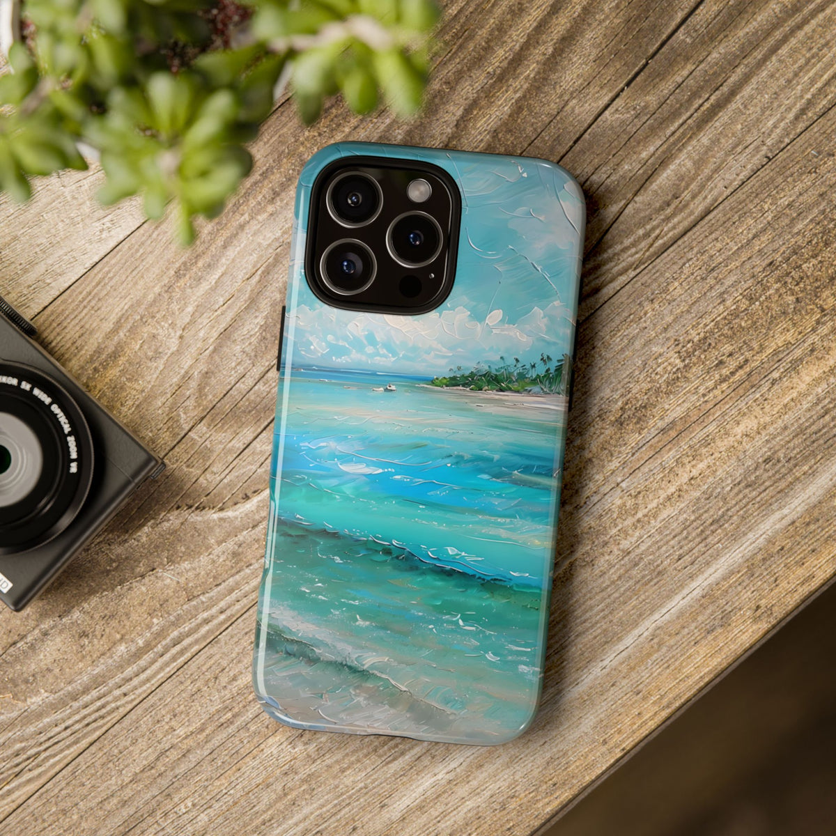 Tropical Beach Scenery Tough Phone Case, Oil Painting Phone Cover, Turquoise Ocean Compatible with iPhone 17, 16, 15, 14, 13, Galaxy, Google