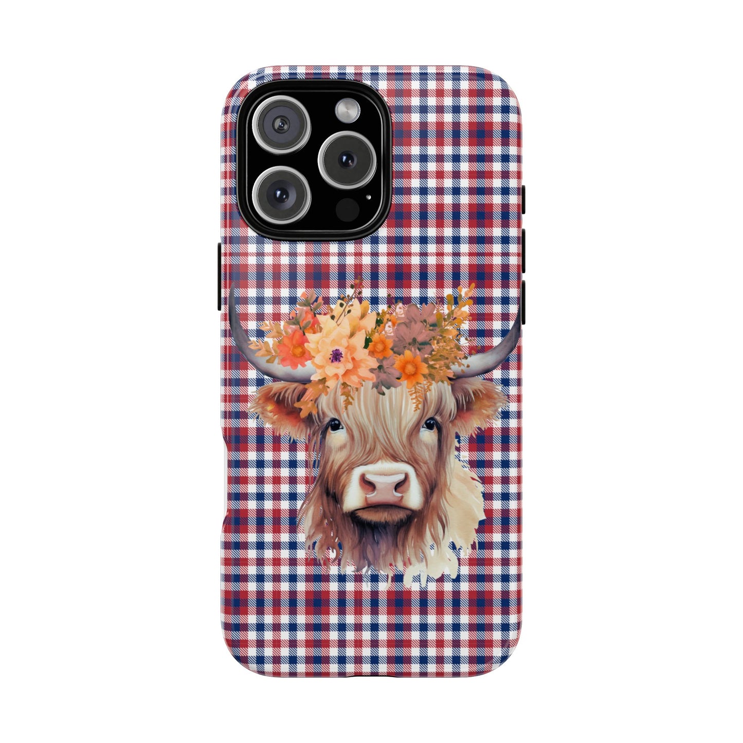 Floral Highland Cow Phone Case, Red White Blue Plaid | Rustic Western Boho Farmhouse | iPhone, Google, Galaxy Compatible