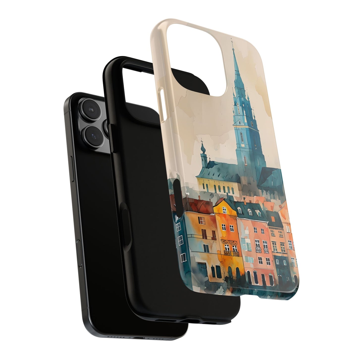 Cityscape Tough Phone Case, Riga Latvia Skyline Art, Watercolor Day Design Compatible with iPhone, Galaxy, and Google