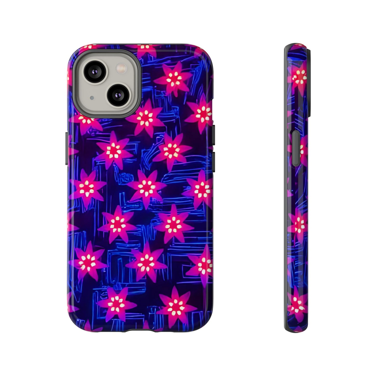 Neon Flower Tough Phone Case - Trippy Dark Floral Art, Electric Glow Aesthetic, Compatible with iPhone, Galaxy, and Google Phones