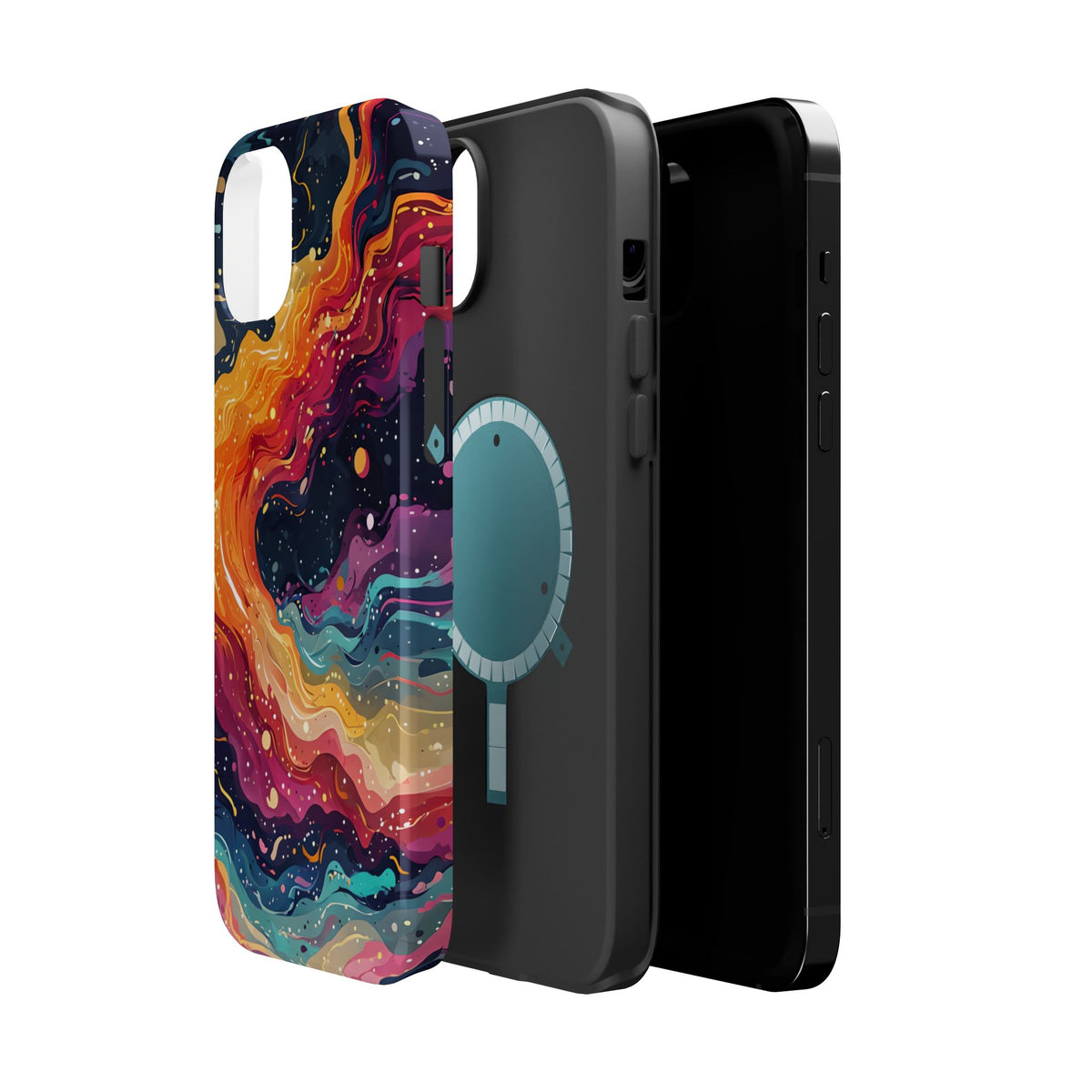 Swirling strokes of neon color — from deep magenta to fiery orange — dance across this celestial magnetic phone case. With tiny stars scattered throughout, the design evokes space dust, galaxies in motion, and cosmic energy.
