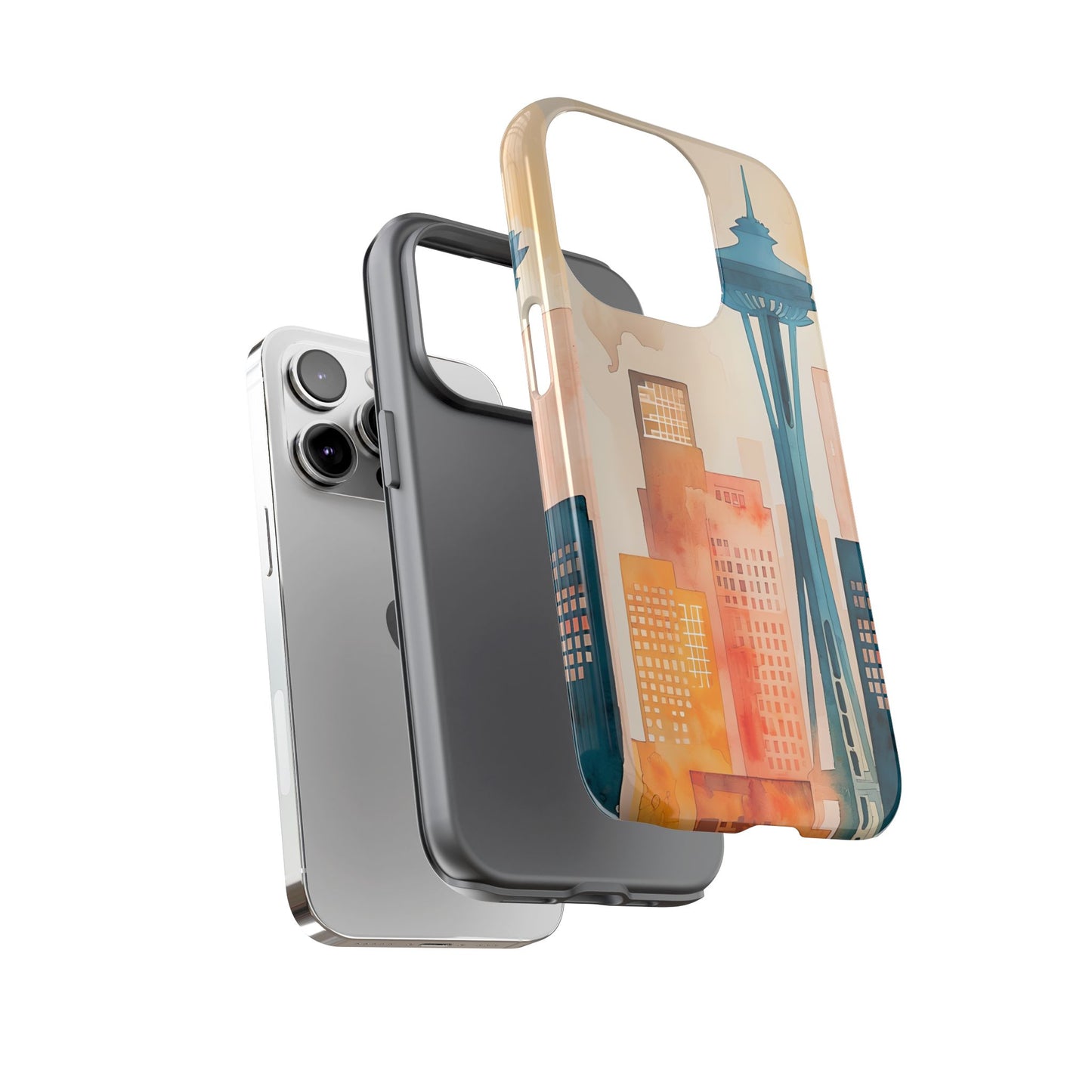 Seattle Cityscape Phone Case - Urban Skyline Art Tough Case, Watercolor City Aesthetic, Compatible with iPhone, Galaxy, Google Phones