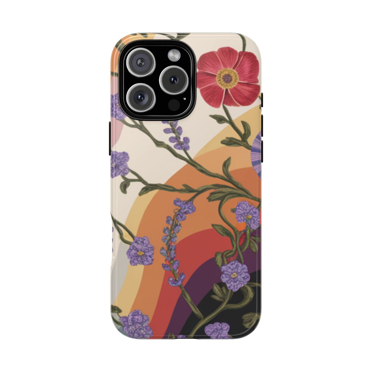 Retro Floral Rainbow Design Tough Phone Case - Compatible with iPhone 16, 15, 14, 13, 12, 11, X, Xr, Xs Pro Max Plus X Samsung Google Pixel