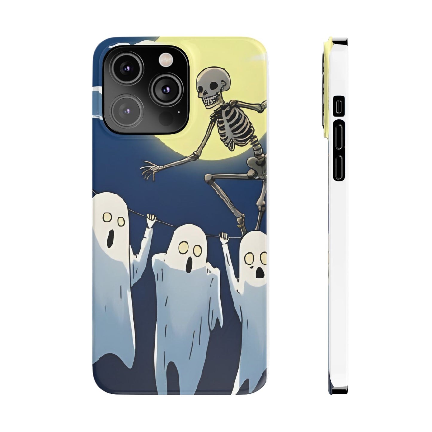 Jumping Skeleton Slim Phone Case - Halloween Aesthetic, Creepy Cute Ghost Cartoon Style, Compatible with iPhone, Galaxy, and Google Phones
