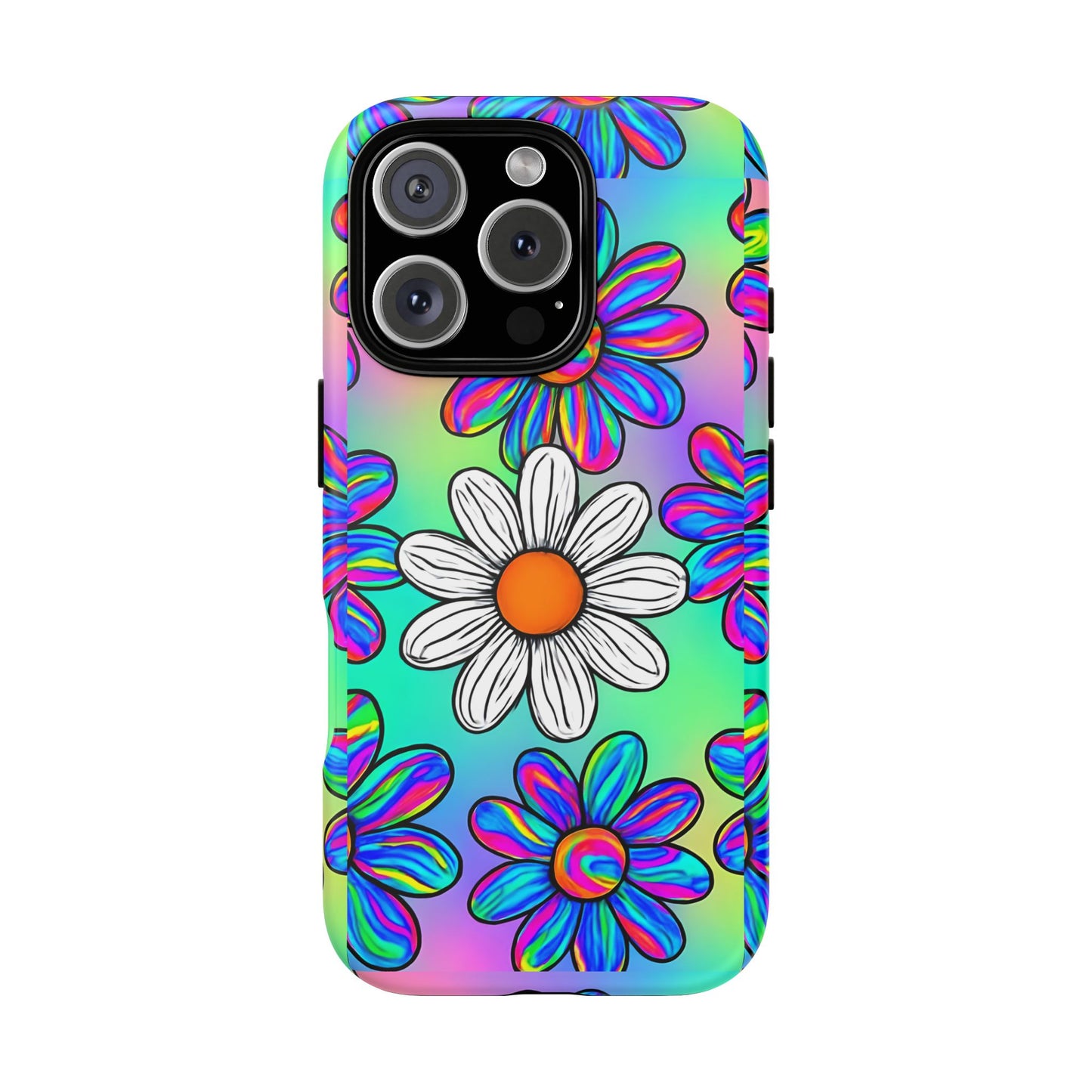 Trippy Daisy Tough Phone Case - Psychedelic Floral Design, Colorful Retro Aesthetic, Compatible with iPhone, Galaxy, and Google Phones