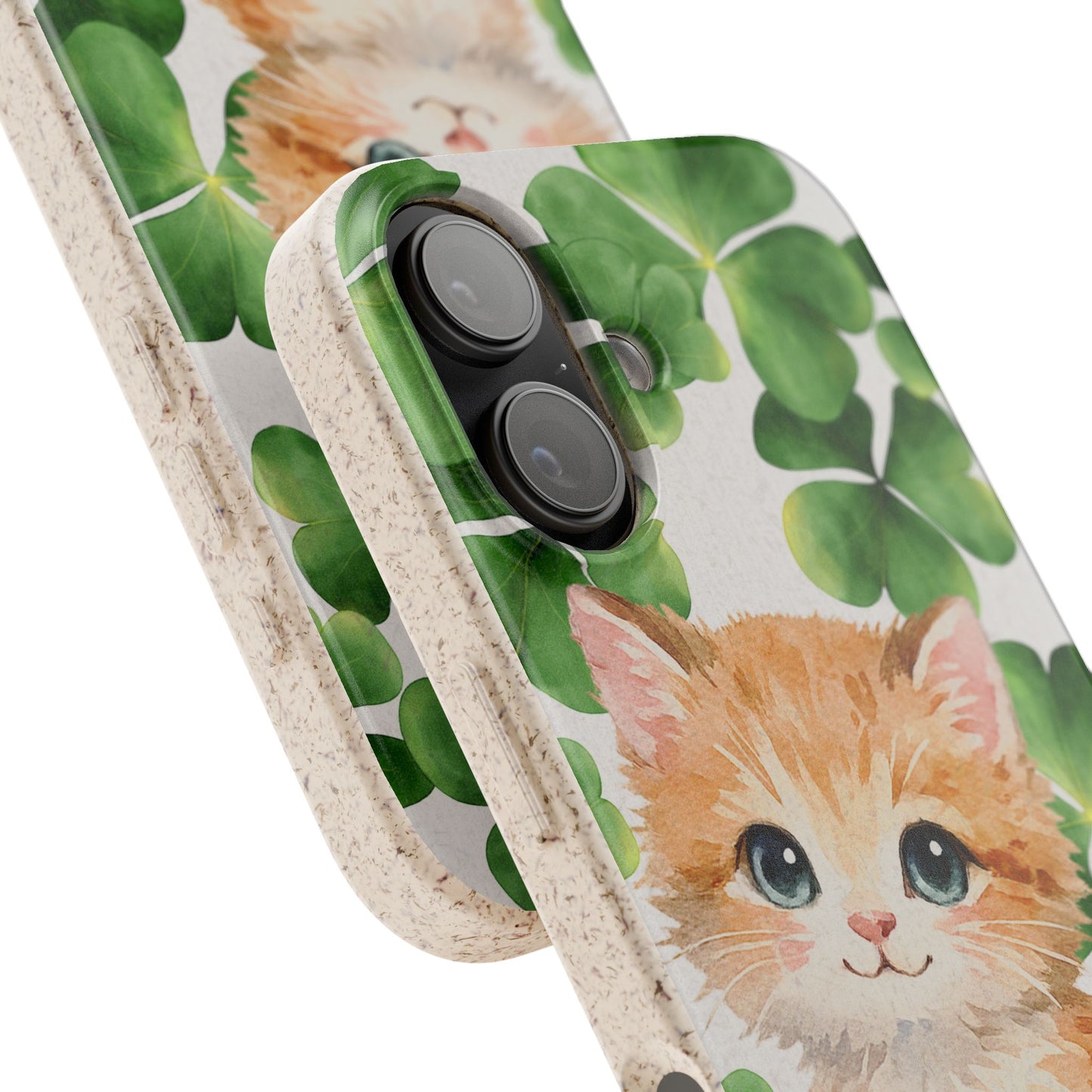 Ginger Kitten Biodegradable Phone Case, St Patricks Day Cat Art with Shamrocks, Irish Cat Gift Compatible with iPhone