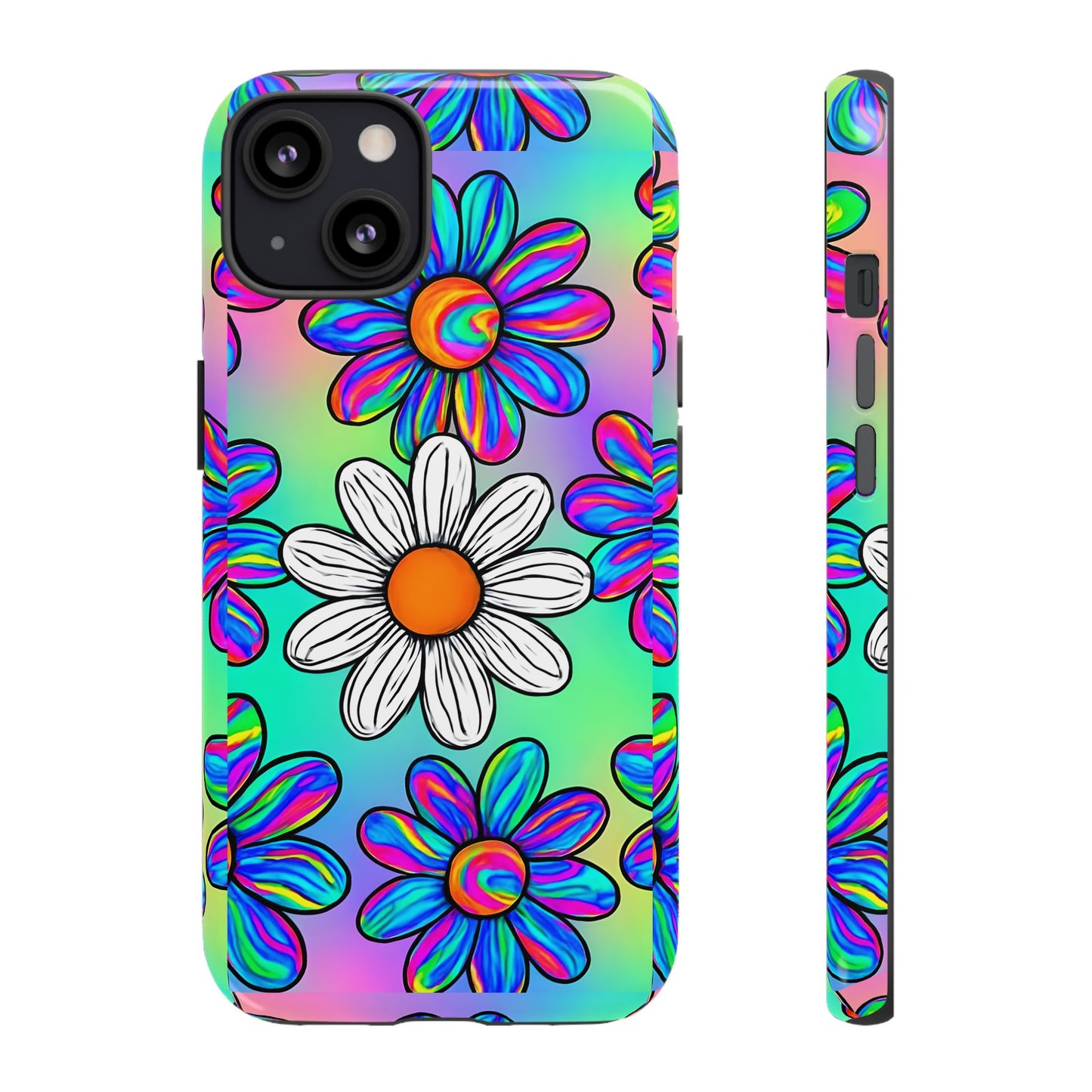 Trippy Daisy Tough Phone Case - Psychedelic Floral Design, Colorful Retro Aesthetic, Compatible with iPhone, Galaxy, and Google Phones