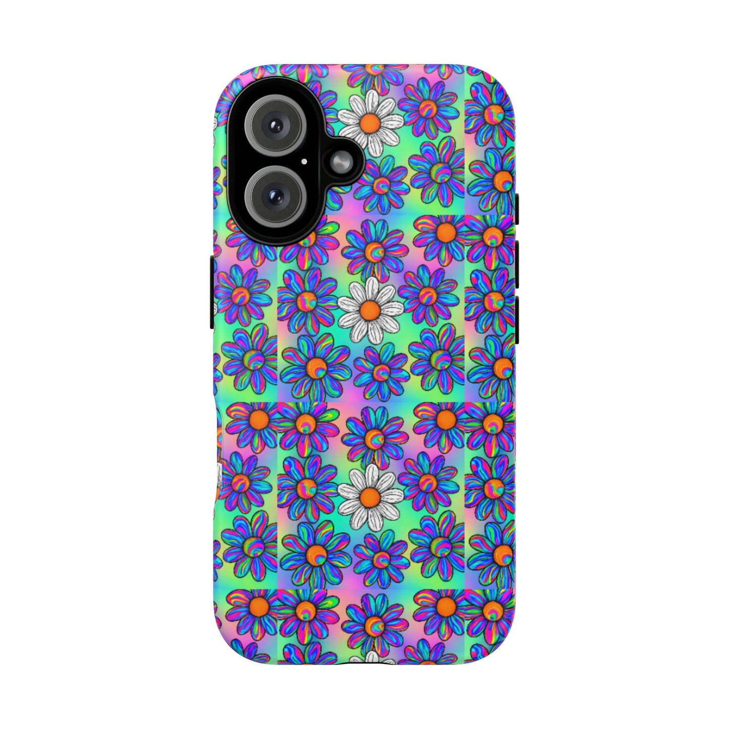 Trippy Daisy Tough Phone Case - Psychedelic Floral Aesthetic, Colorful Groovy Design, Compatible with iPhone, Galaxy, and Google Phones