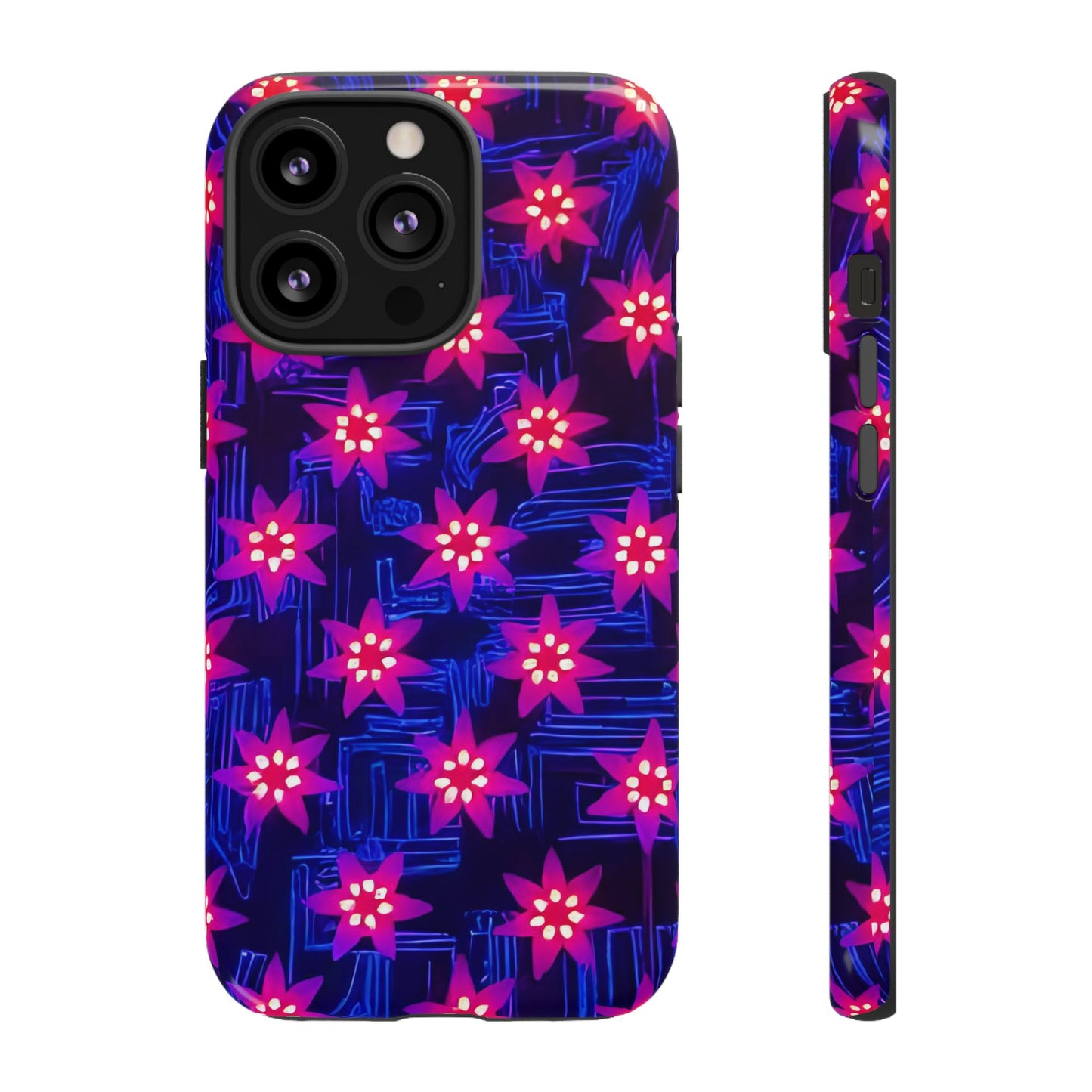 Neon Flower Tough Phone Case - Trippy Dark Floral Art, Electric Glow Aesthetic, Compatible with iPhone, Galaxy, and Google Phones