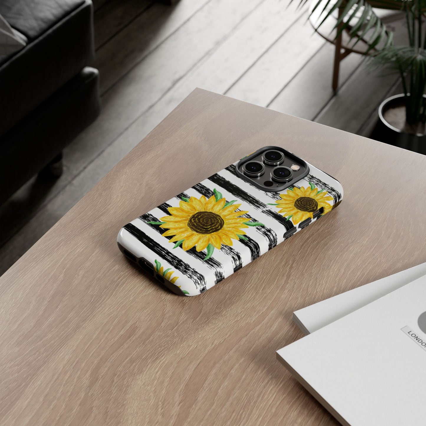 Sunflower Tough Phone Case - Bright Yellow Floral Art, Black and White Striped Aesthetic, Compatible with iPhone, Galaxy, and Google Phones