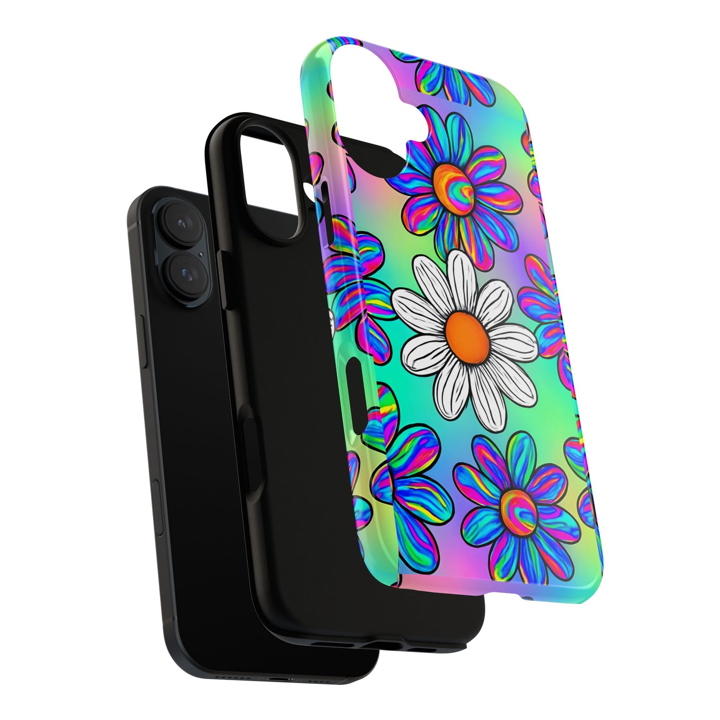 Trippy Daisy Tough Phone Case - Psychedelic Floral Design, Colorful Retro Aesthetic, Compatible with iPhone, Galaxy, and Google Phones