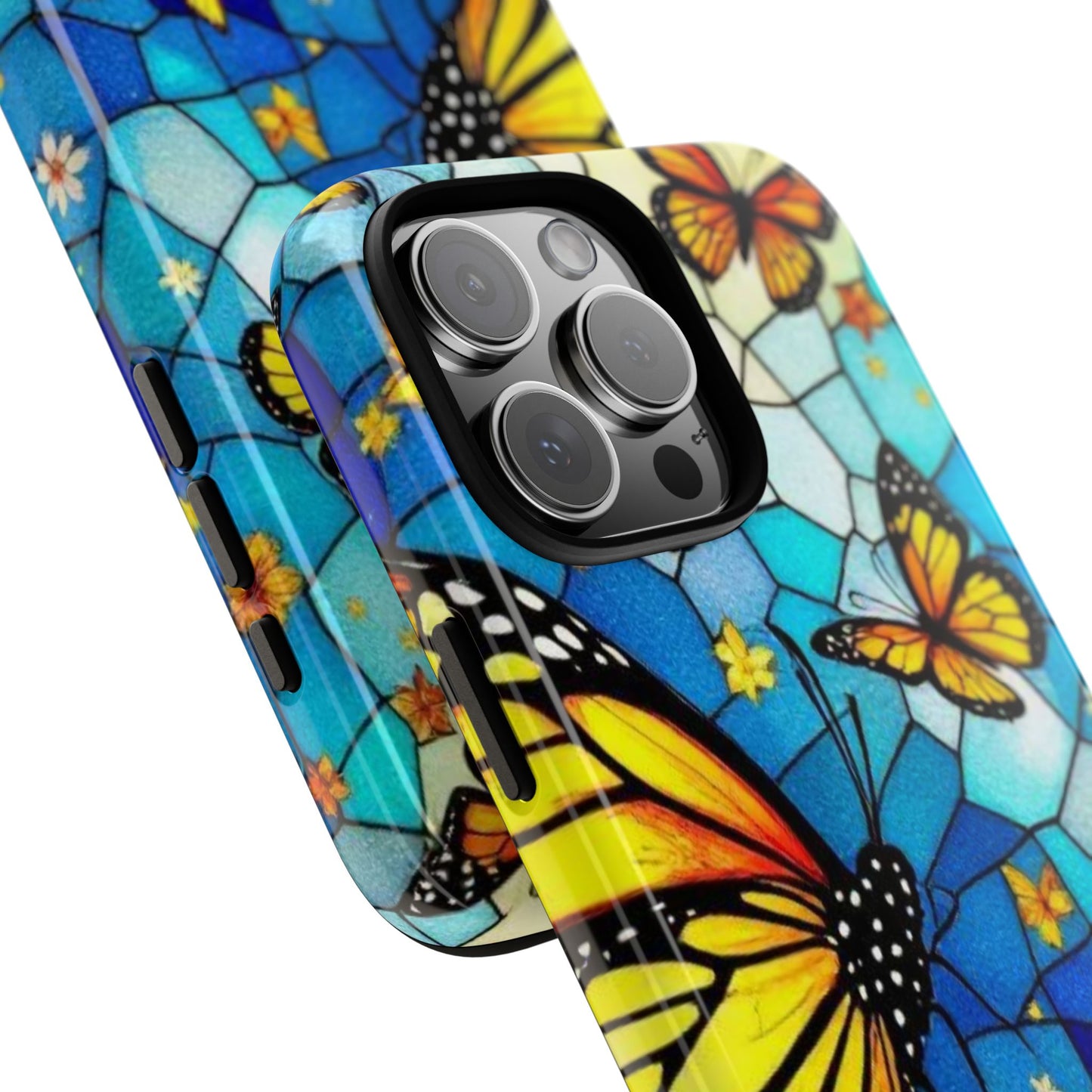 Boho Butterfly Phone Case compatible with iPhone 16 15 14 13 12 11 Pro Max Samsung Pixel Vibrant Blue Stained Glass Monarch Art Gift for Her