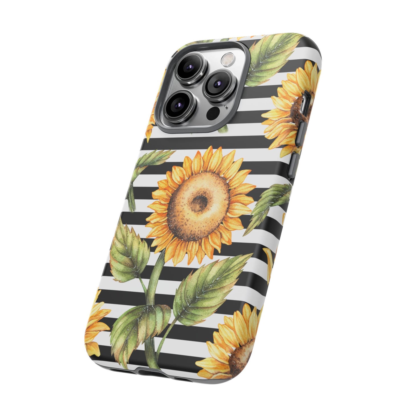 Sunflower Tough Phone Case - Bold Yellow Floral Art, Black and White Striped Aesthetic, Compatible with iPhone, Galaxy, and Google Phones