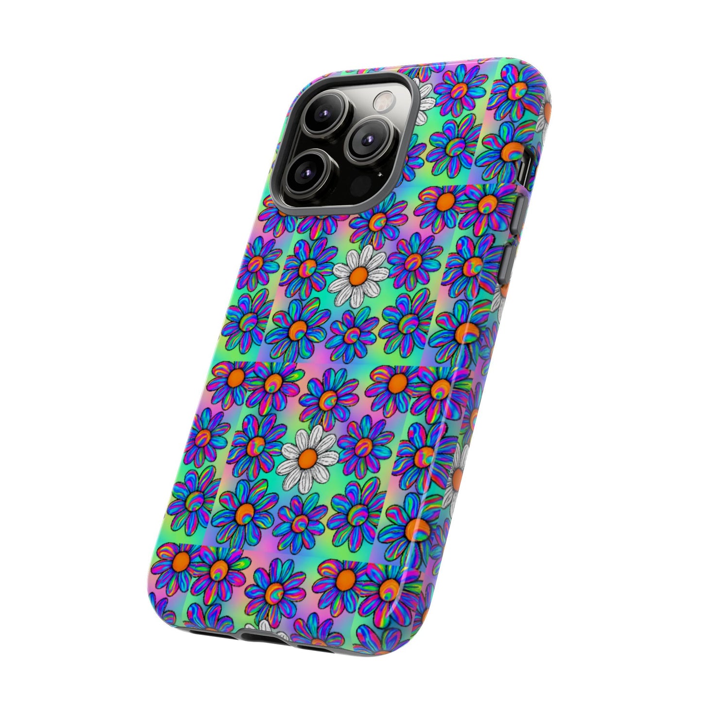 Trippy Daisy Tough Phone Case - Psychedelic Floral Aesthetic, Colorful Groovy Design, Compatible with iPhone, Galaxy, and Google Phones