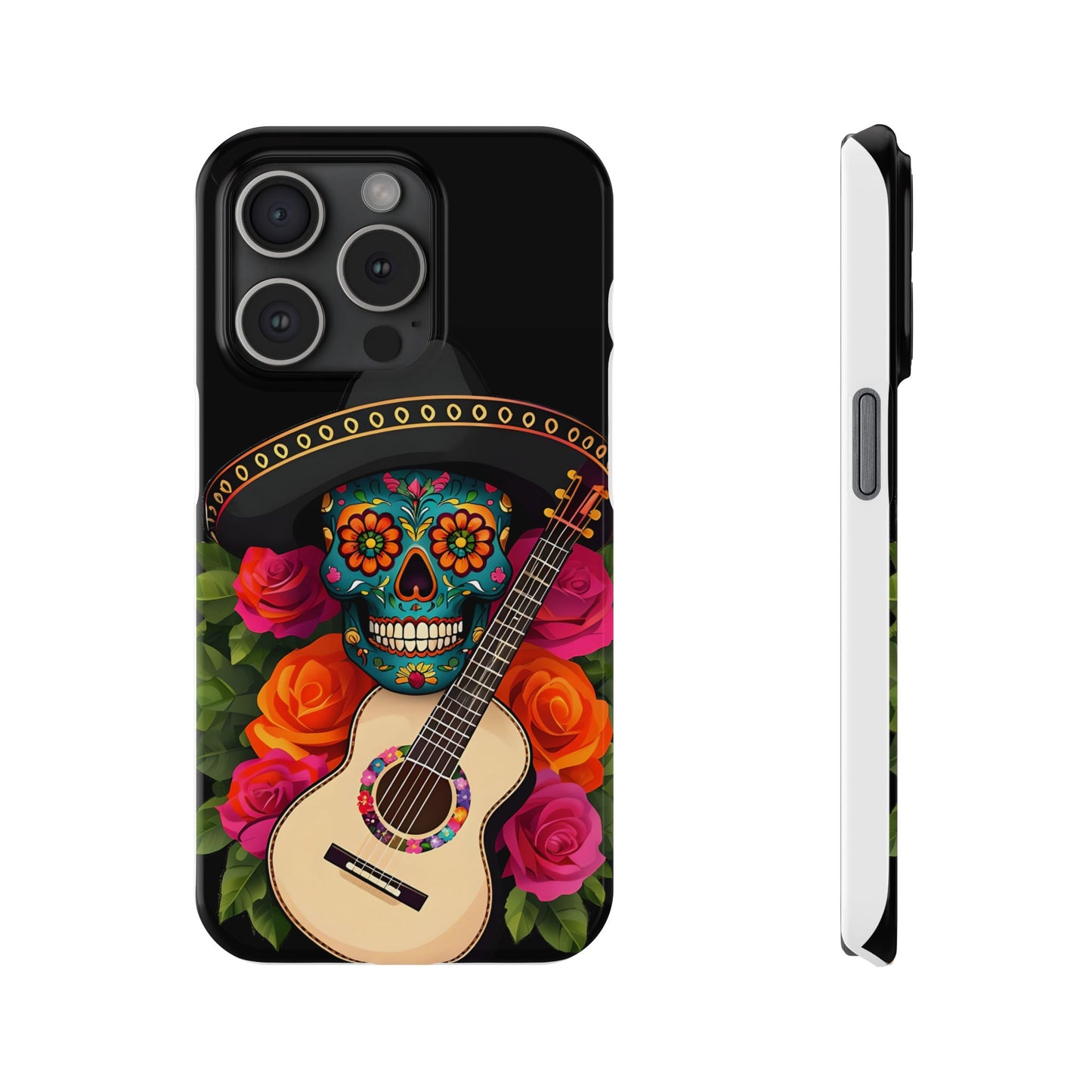 Mariachi Skull Slim Phone Case, Colorful Folk Aesthetic, Halloween Floral Skull Design, Gift for Mexican Culture Lovers