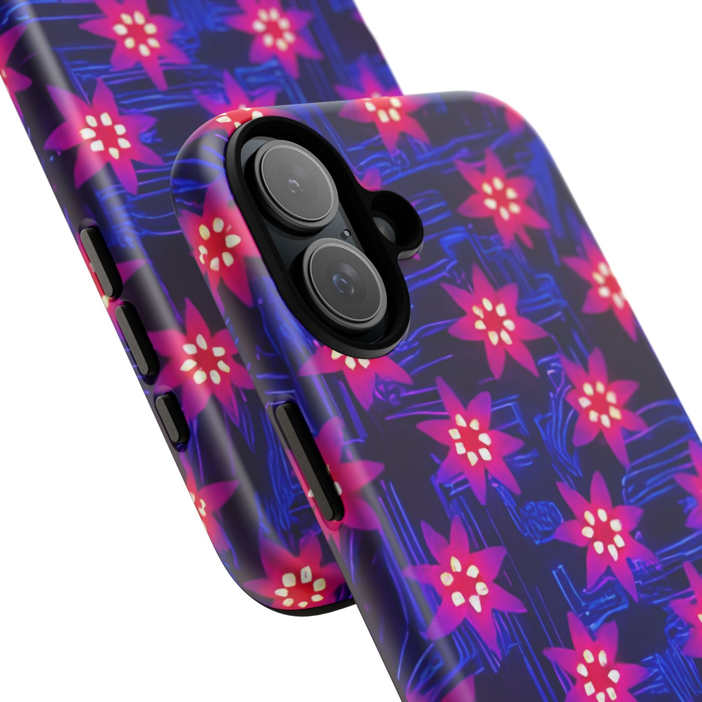 Neon Flower Tough Phone Case - Trippy Dark Floral Art, Electric Glow Aesthetic, Compatible with iPhone, Galaxy, and Google Phones