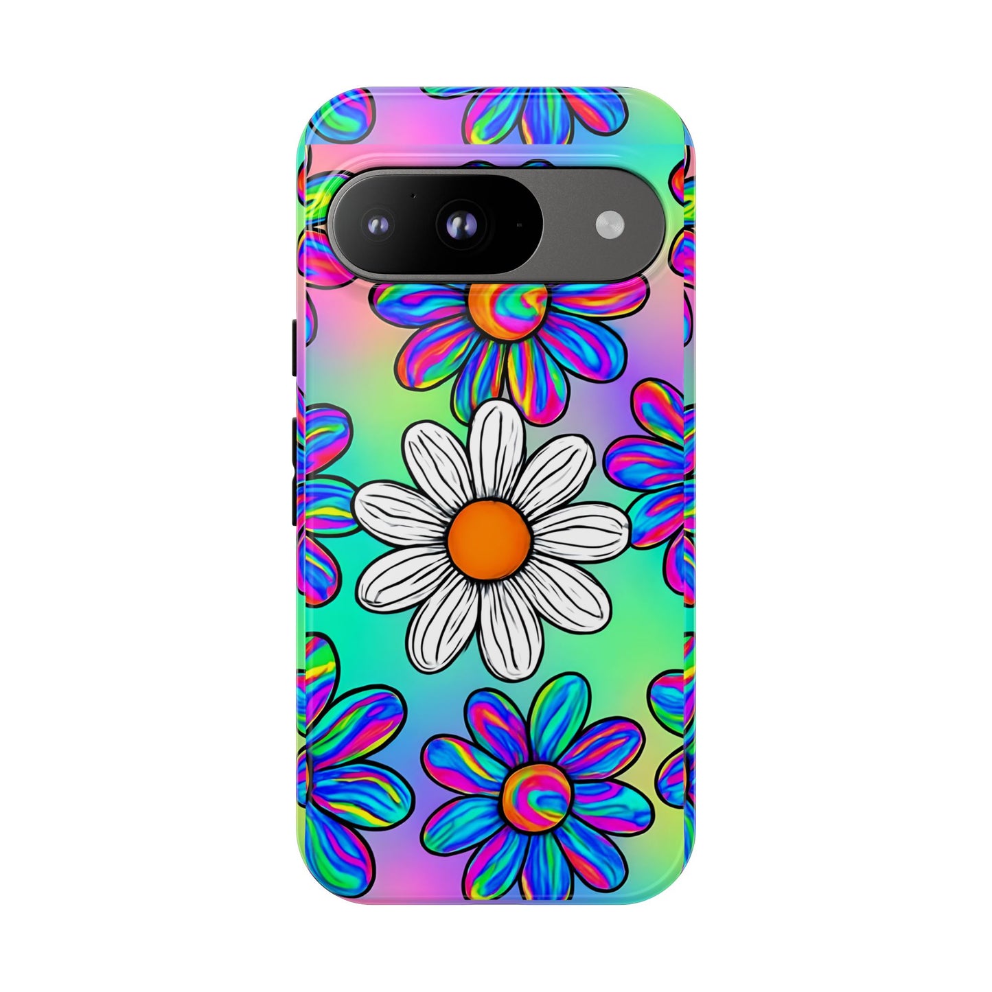 Trippy Daisy Tough Phone Case - Psychedelic Floral Design, Colorful Retro Aesthetic, Compatible with iPhone, Galaxy, and Google Phones