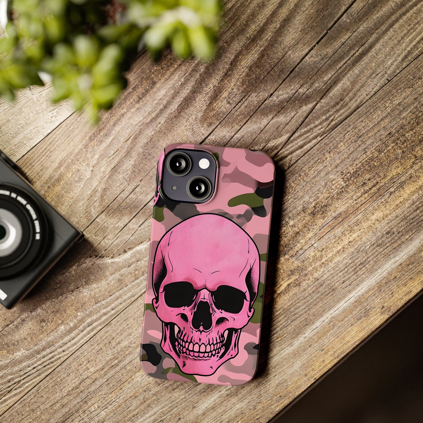 Pink Camo Skull Phone Case, Slim Case for iPhone, Edgy Phone Accessory, Unique Gift for Her, Trendy Tech Lover