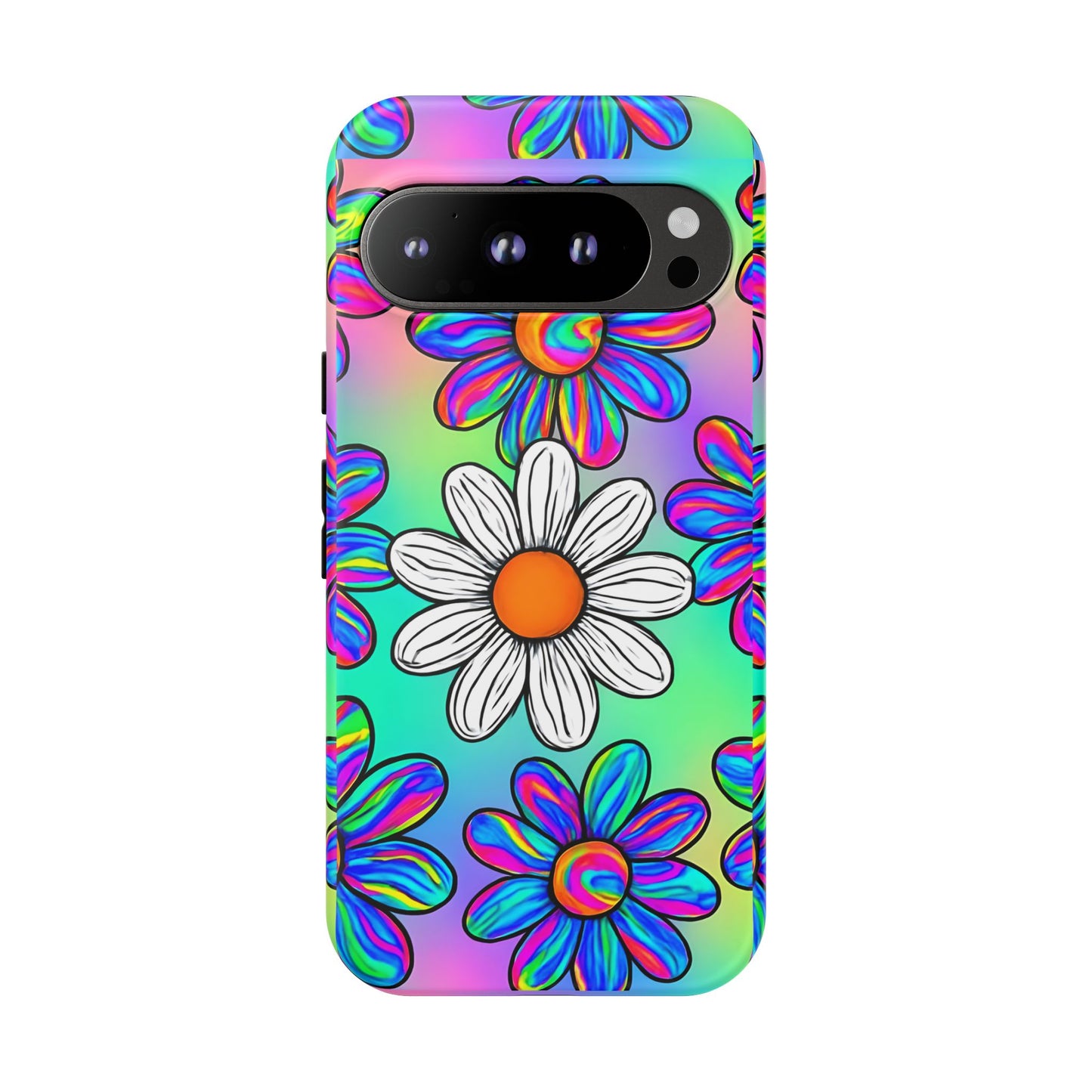 Trippy Daisy Tough Phone Case - Psychedelic Floral Design, Colorful Retro Aesthetic, Compatible with iPhone, Galaxy, and Google Phones