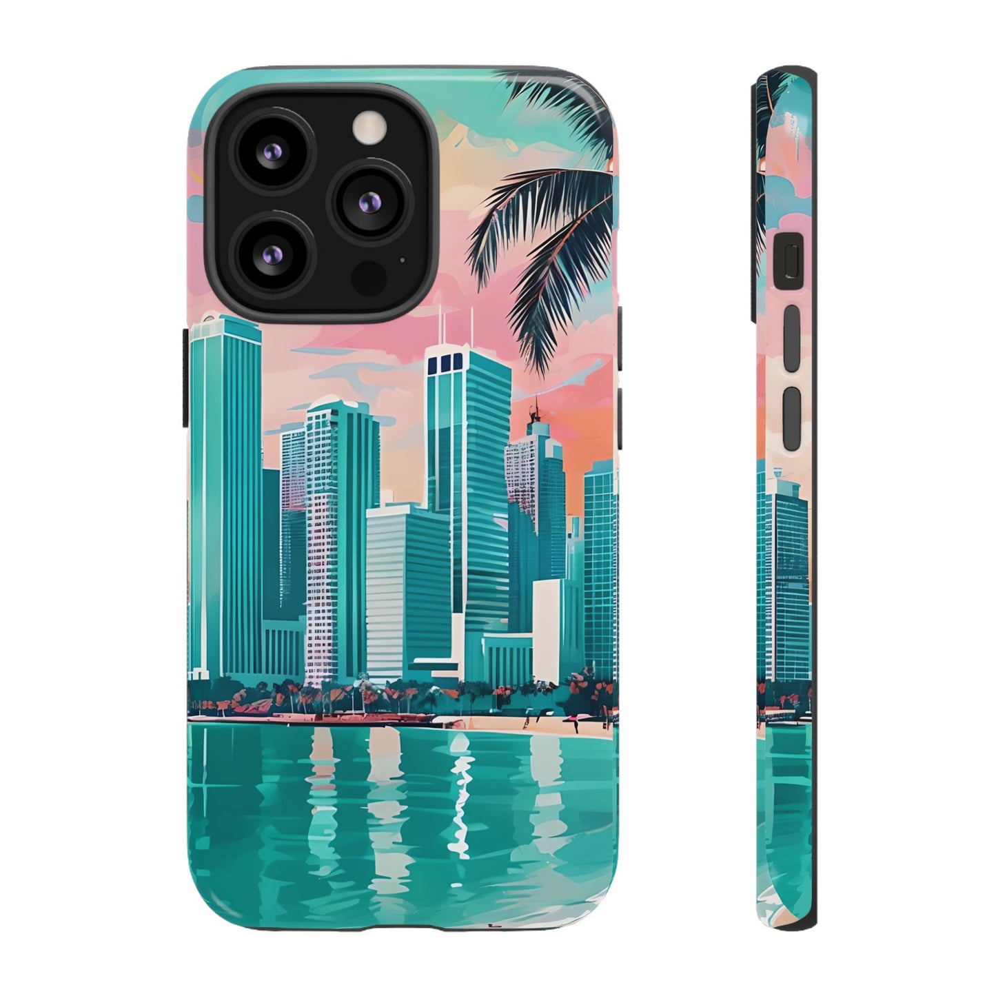 Miami Cityscape Phone Case - Tropical Skyline Tough Case, Sunset Beach Urban Art, Gift for Travelers Compatible with iPhone, Galaxy, Google